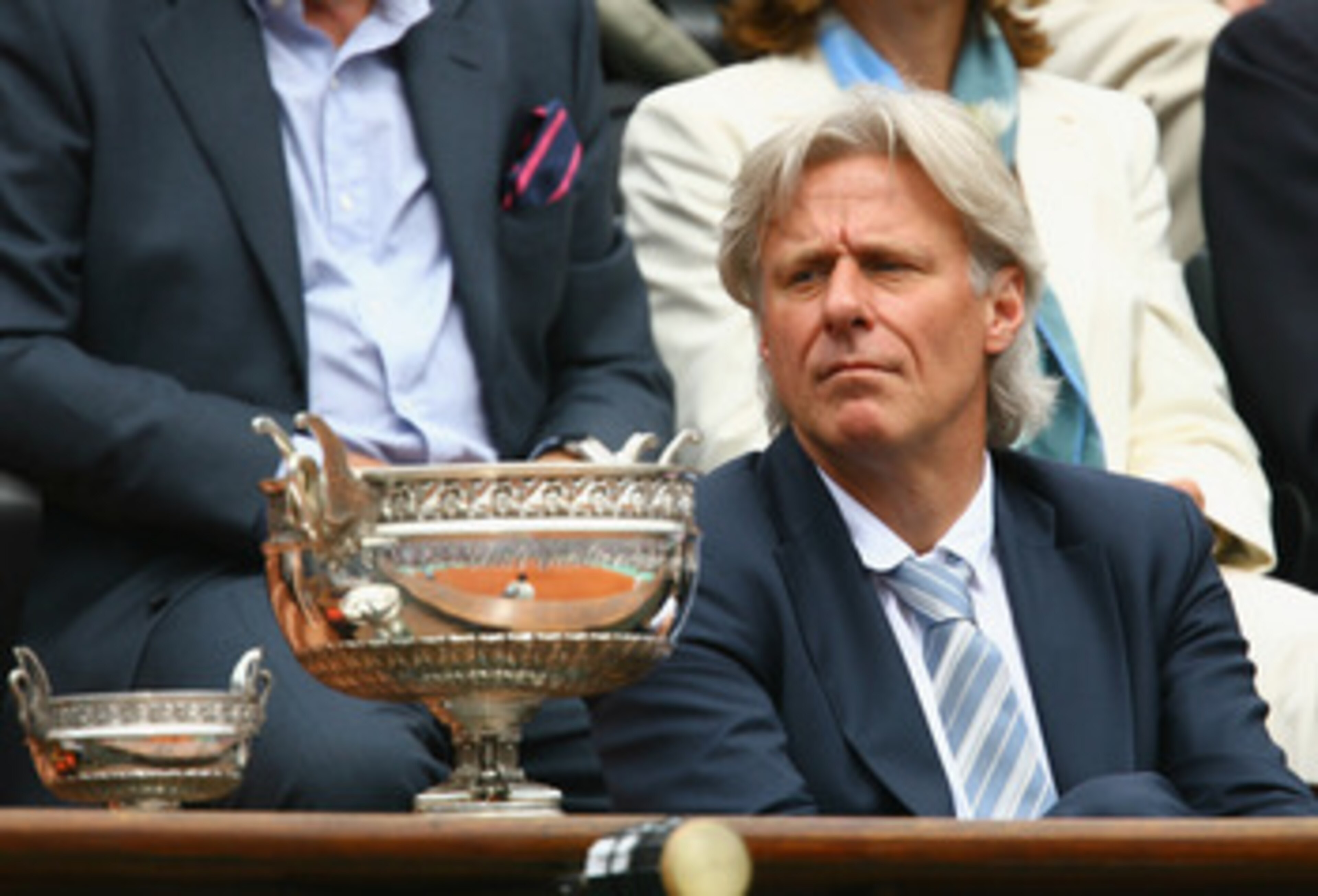 PARIS - JUNE 08:  Bjorn Borg of Sweden looks on at the men's final Trophy during the final match between Rafael Nadal of Spain and Roger Federer of Switzerland during the Men's Singles Final match on day fifteen of the French Open at Roland Garros on June