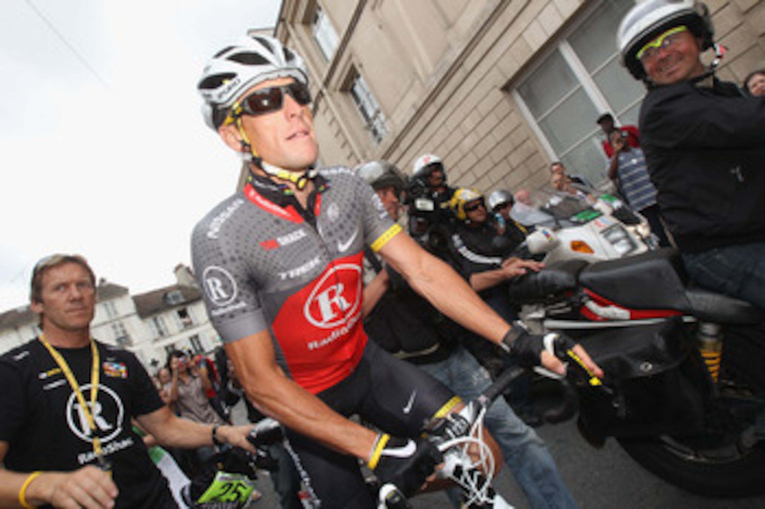 PARIS - JULY 25:  Lance Armstrong of team Radioshack rides during the twentieth and final stage of Le Tour de France 2010, from Longjumeau to the Champs-Elysees in Paris on July 25, 2010 in Paris, France.  (Photo by Bryn Lennon/Getty Images)