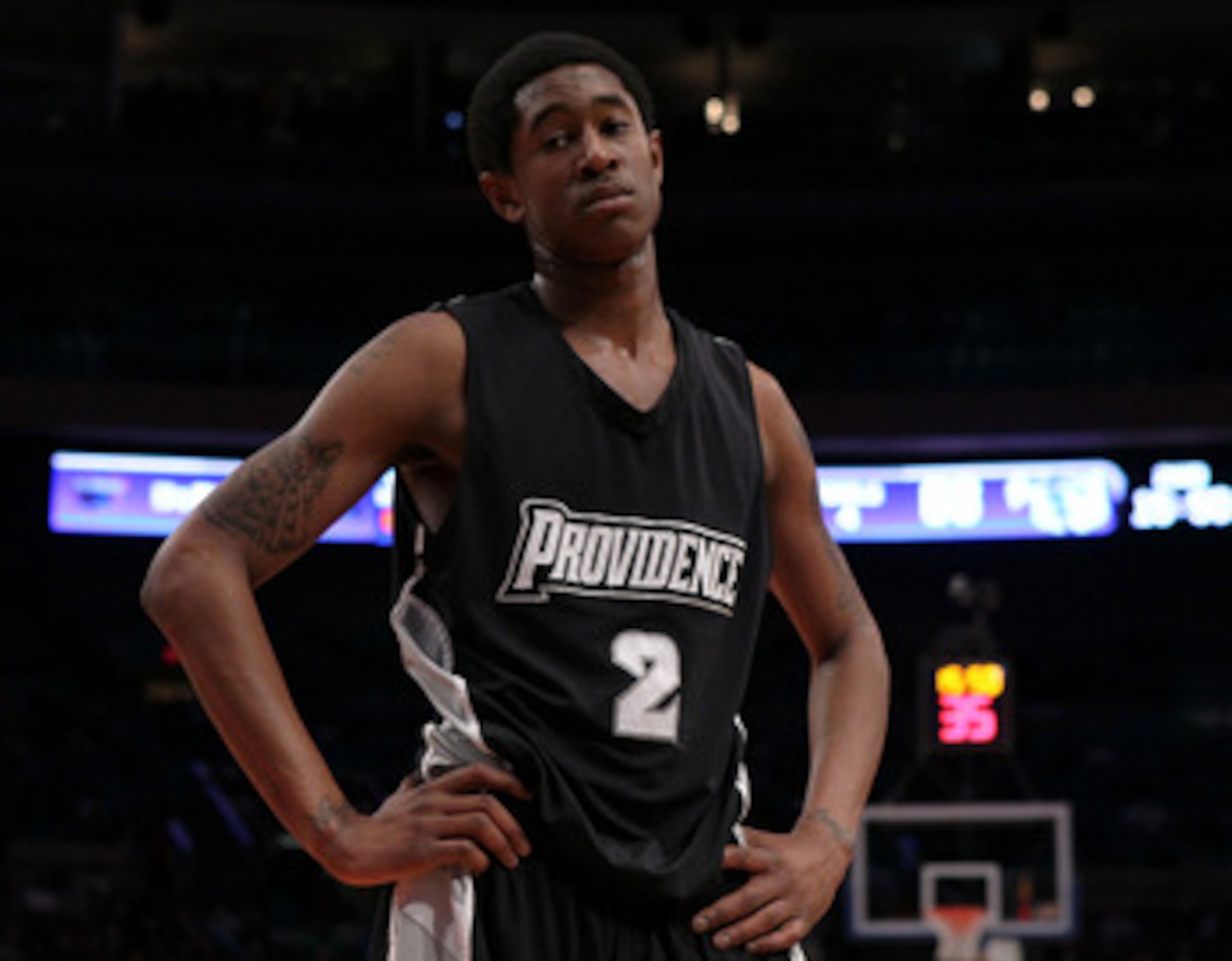 NEW YORK - MARCH 09: Marshon Brooks #2 of the Providence Friars looks on after a play against the Seton Hall Pirates during the first round game of the Big East Basketball Tournament at Madison Square Garden on March 9, 2010 in New York, New York.  (Photo