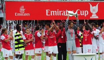 LONDON, ENGLAND - AUGUST 01: Captain Manuel Almunia of Arsenal lifts the winners' trophy after the Emirates Cup match between Arsenal and Celtic  at Emirates Stadium on August 1, 2010 in London, England.  (Photo by Mike Hewitt/Getty Images)