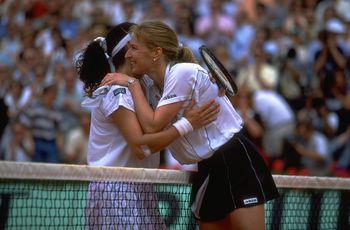 Jun 1996:  Steffi Graf of Germany (right) embraces Arantxa Sanchez-Vicario of Spain after Grafs victory in the final of the French Open at the Roland Garros Stadium, Paris. \ Mandatory Credit: Gary M Prior /Allsport