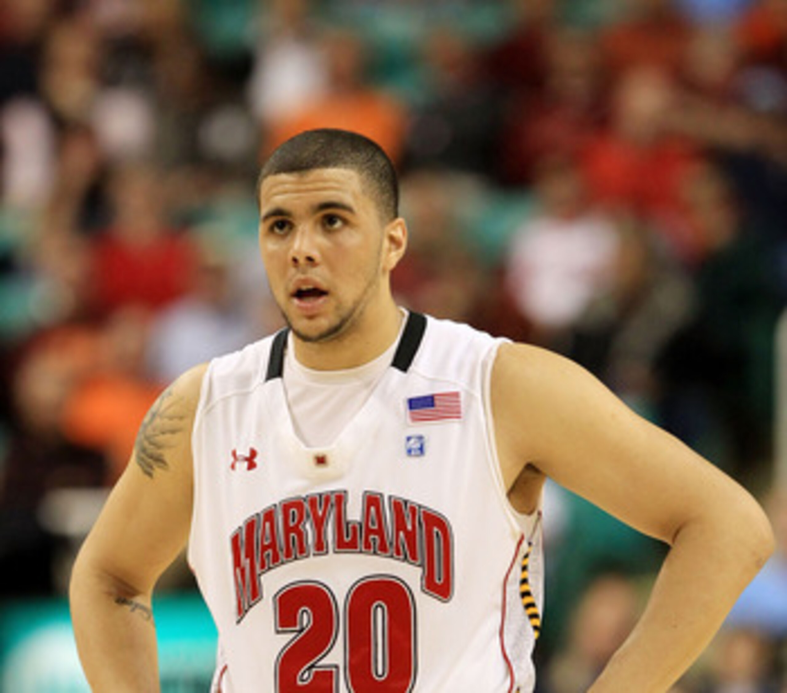 GREENSBORO, NC - MARCH 10:  Jordan Williams #20 of the Maryland Terrapins looks on while playing against the North Carolina State Wolfpack during the first round of the 2011 ACC men's basketball tournament at the Greensboro Coliseum on March 10, 2011 in G