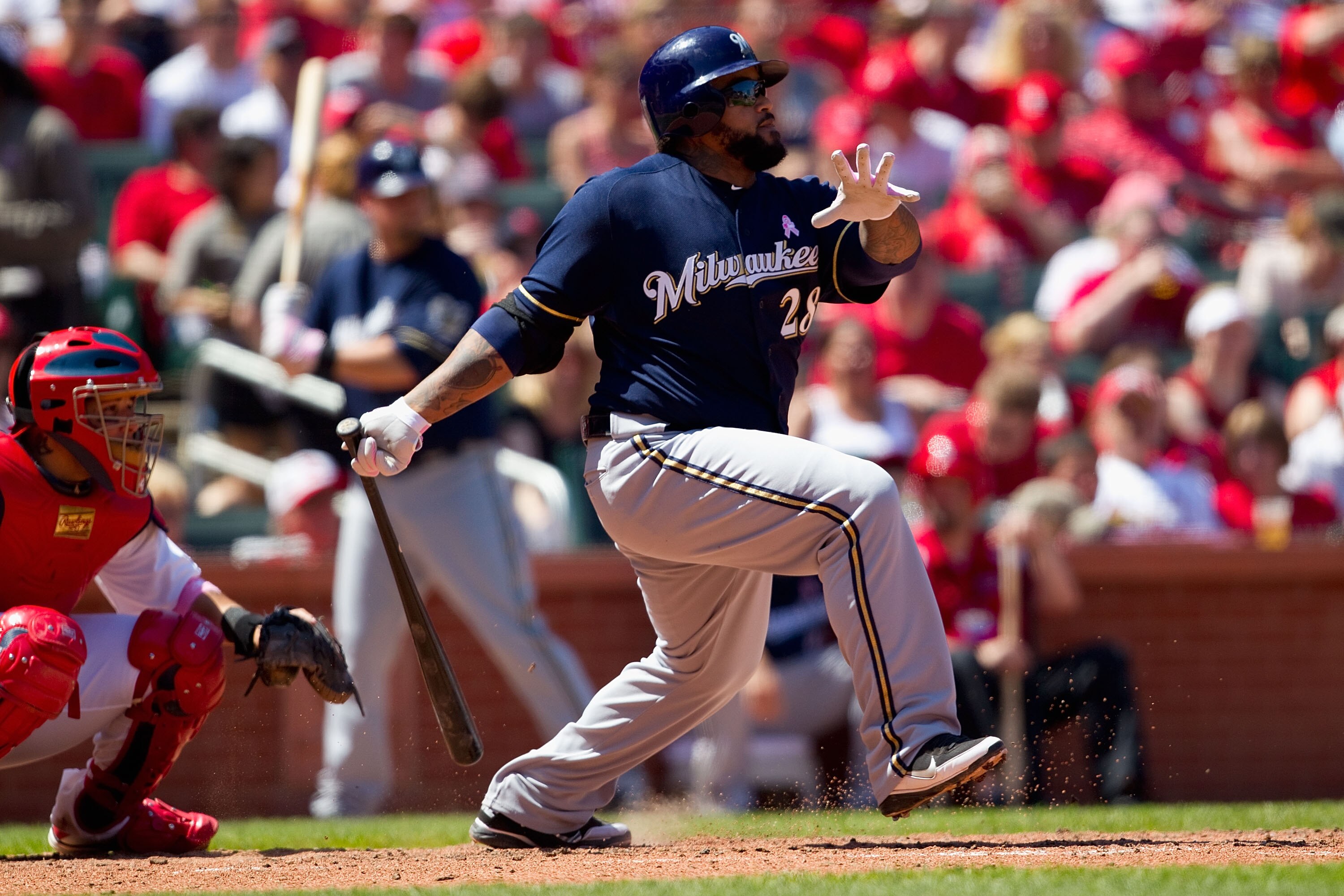 ST. LOUIS, MO - MAY 8: Prince Fielder #28 of the Milwaukee Brewers hits a single against the St. Louis Cardinals at Busch Stadium on May 8, 2011 in St. Louis, Missouri.  (Photo by Dilip Vishwanat/Getty Images)