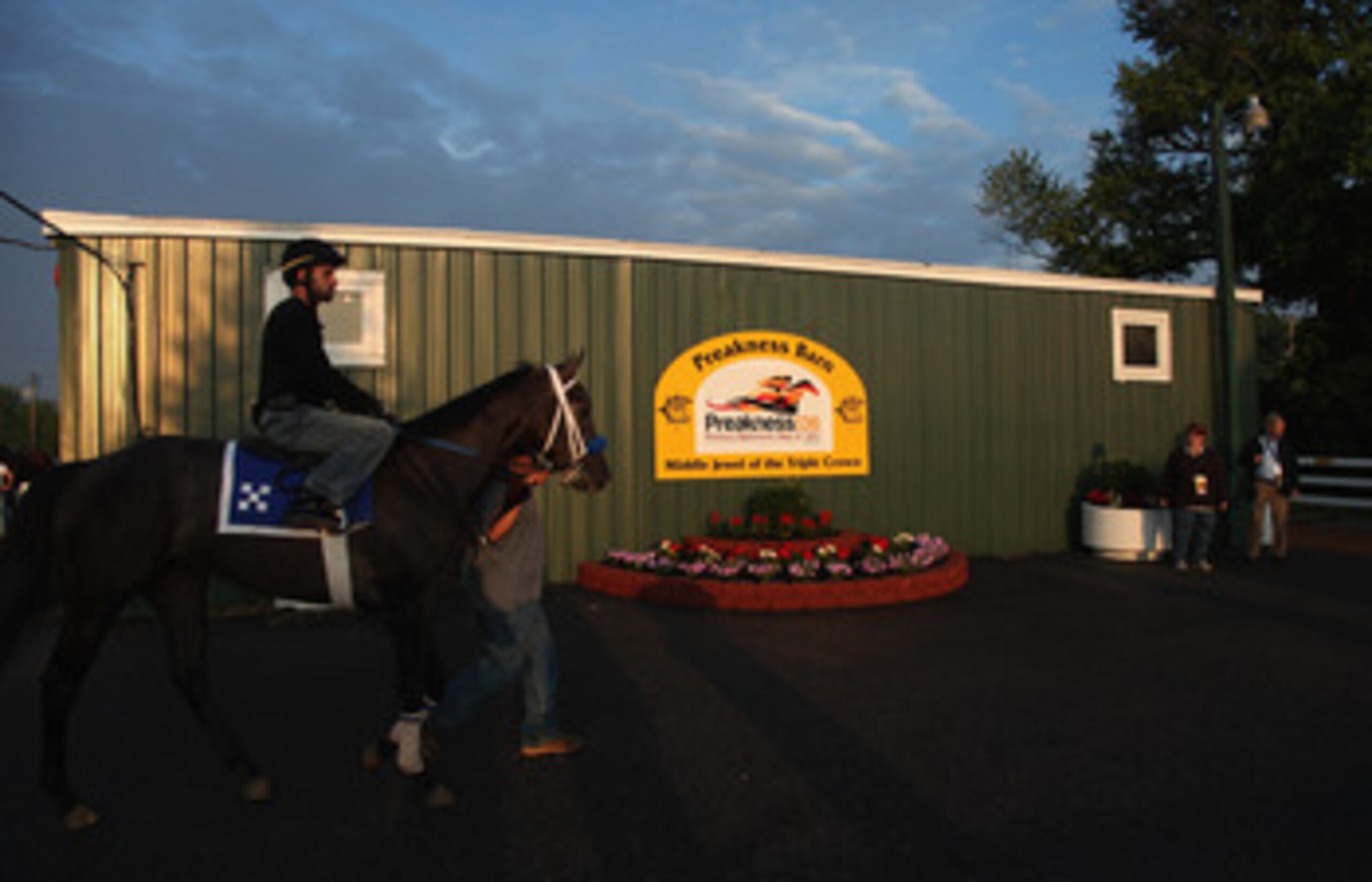 BALTIMORE, MD - MAY 19: A horse is led past the stakes barn at Pimlico Race Course during morning workouts on May 19, 2011 in Baltimore, Maryland. The 136th running of the Preakness Stakes will be run on Saturday.  (Photo by Rob Carr/Getty Images)