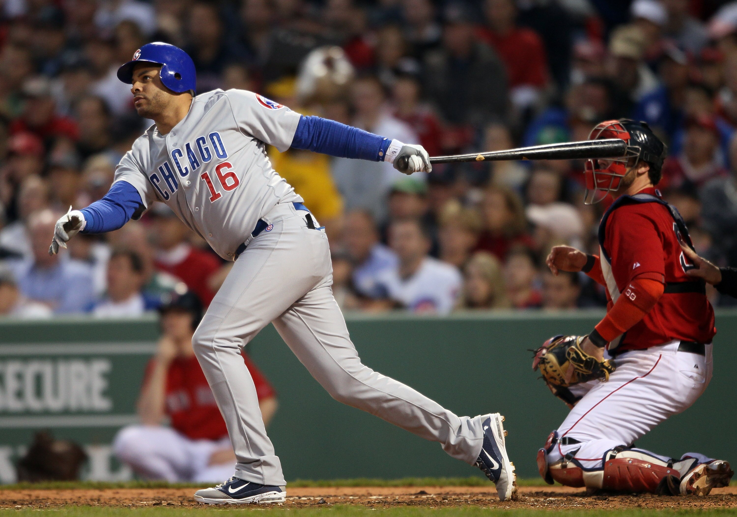 BOSTON, MA - MAY 20:  Aramis Ramirez #16 of the Chicago Cubs hits an RBI as Jarrod Saltalamacchia #39 of the Boston Red Sox catches on May 20, 2011 at Fenway Park in Boston, Massachusetts.on May 20, 2011 at Fenway Park in Boston, Massachusetts. The Chicag