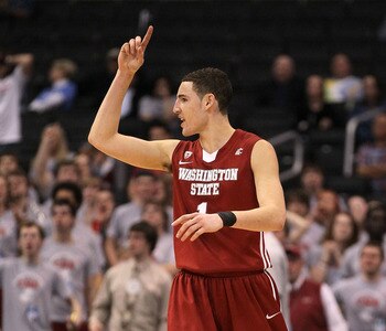 LOS ANGELES, CA - MARCH 10:  Klay Thompson #1 of the Washington State Cougars reacts after making a shot in the second half while taking on the Washington Huskies in the quarterfinals of the 2011 Pacific Life Pac-10 Men's Basketball Tournament at Staples