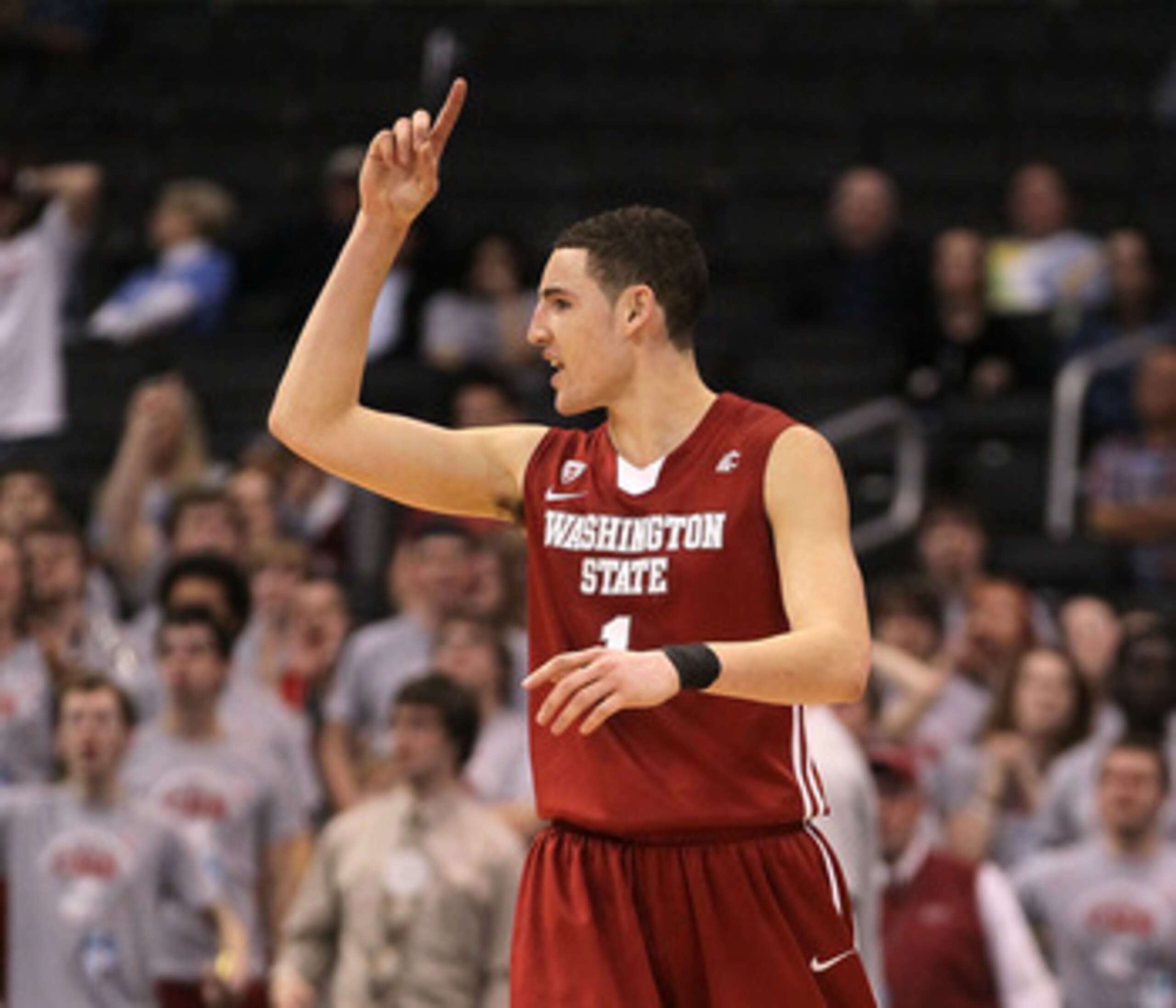 LOS ANGELES, CA - MARCH 10:  Klay Thompson #1 of the Washington State Cougars reacts after making a shot in the second half while taking on the Washington Huskies in the quarterfinals of the 2011 Pacific Life Pac-10 Men's Basketball Tournament at Staples