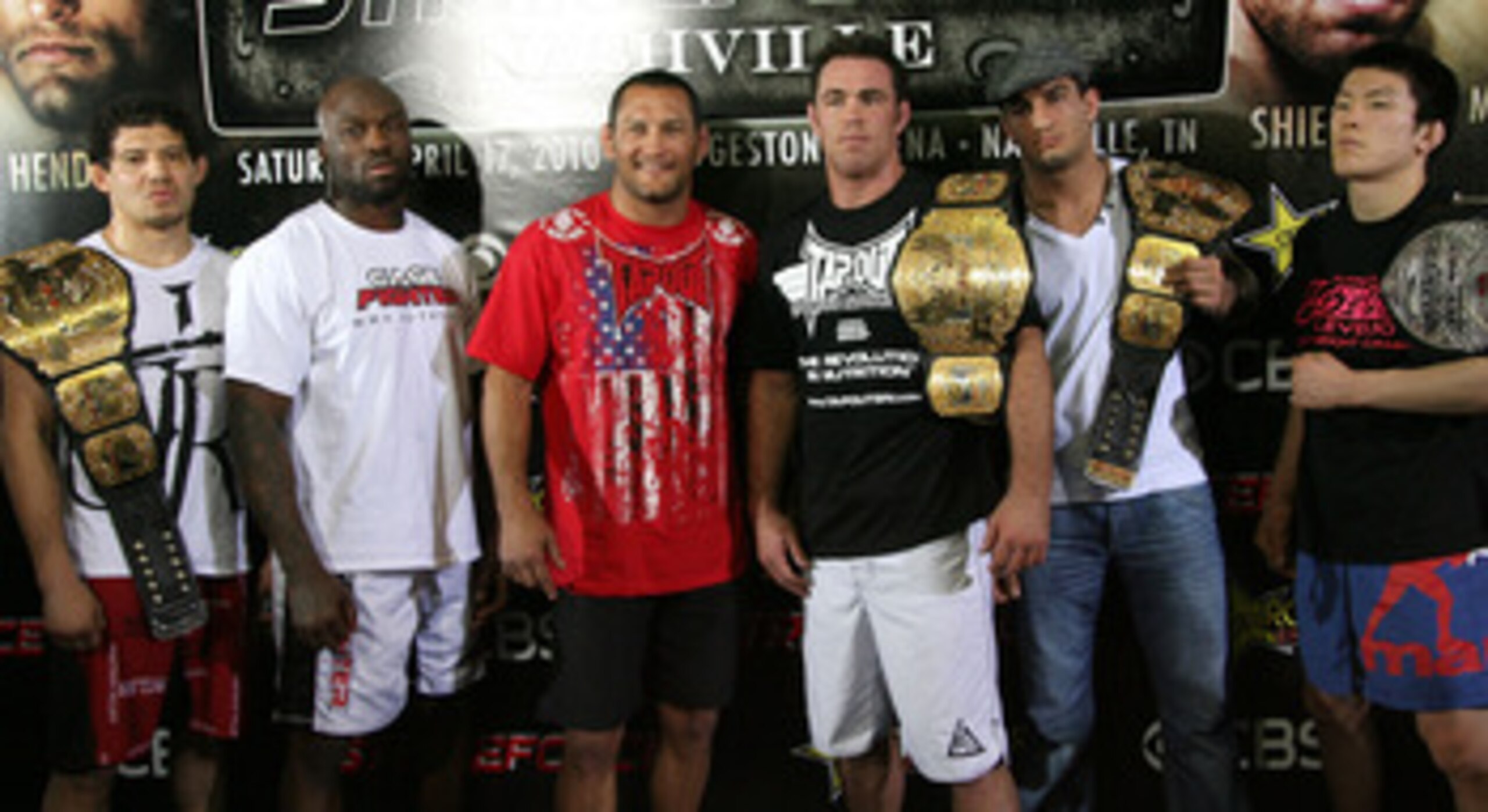 HOLLYWOOD - MARCH 17:  (L-R)  Strikeforce World Lightweight Champion Gilbert 'El Nino' Melendez, Undefeated Light Heavyweight contender 'King Mo' Lawal, Legendary MMA Superstar, two time Olympic Wrestler Dan Henderson, Strikeforce World Middleweight Champ