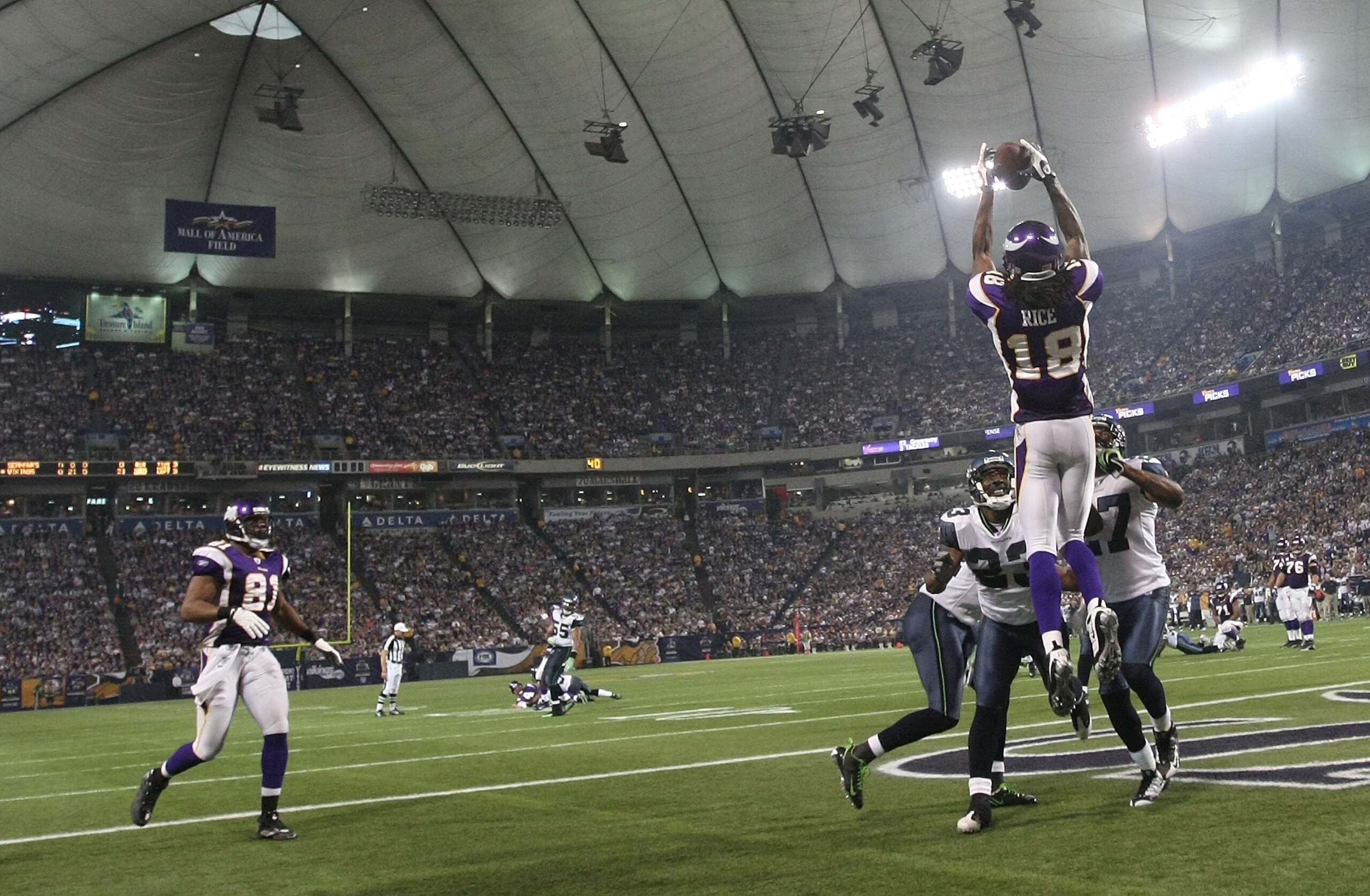 MINNEAPOLIS - NOVEMBER 22:  Sidney Rice #18 of the Minnesota Vikings catches a touchdown against the Seattle Seahawks at Hubert H. Humphrey Metrodome on November 22, 2009 in Minneapolis, Minnesota.  (Photo by Nick Laham/Getty Images)