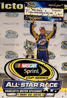 CONCORD, NC - MAY 22: Kurt Busch, driver of the #2 Miller Lite Dodge, celebrates in Victory Lane after winning the NASCAR Sprint All-Star Race at Charlotte Motor Speedway on May 22, 2010 in Concord, North Carolina.  (Photo by Geoff Burke/Getty Images for 