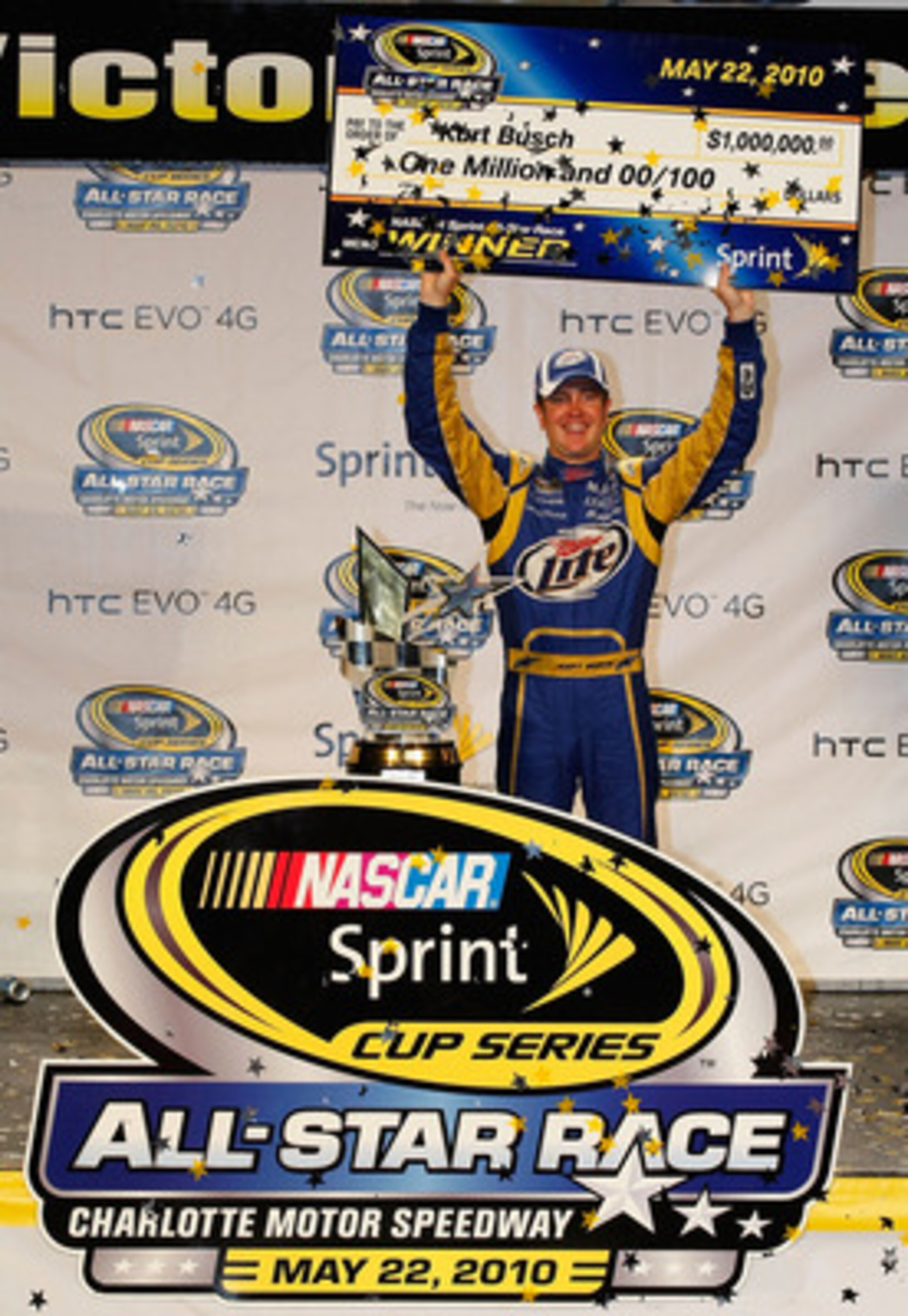 CONCORD, NC - MAY 22: Kurt Busch, driver of the #2 Miller Lite Dodge, celebrates in Victory Lane after winning the NASCAR Sprint All-Star Race at Charlotte Motor Speedway on May 22, 2010 in Concord, North Carolina.  (Photo by Geoff Burke/Getty Images for 