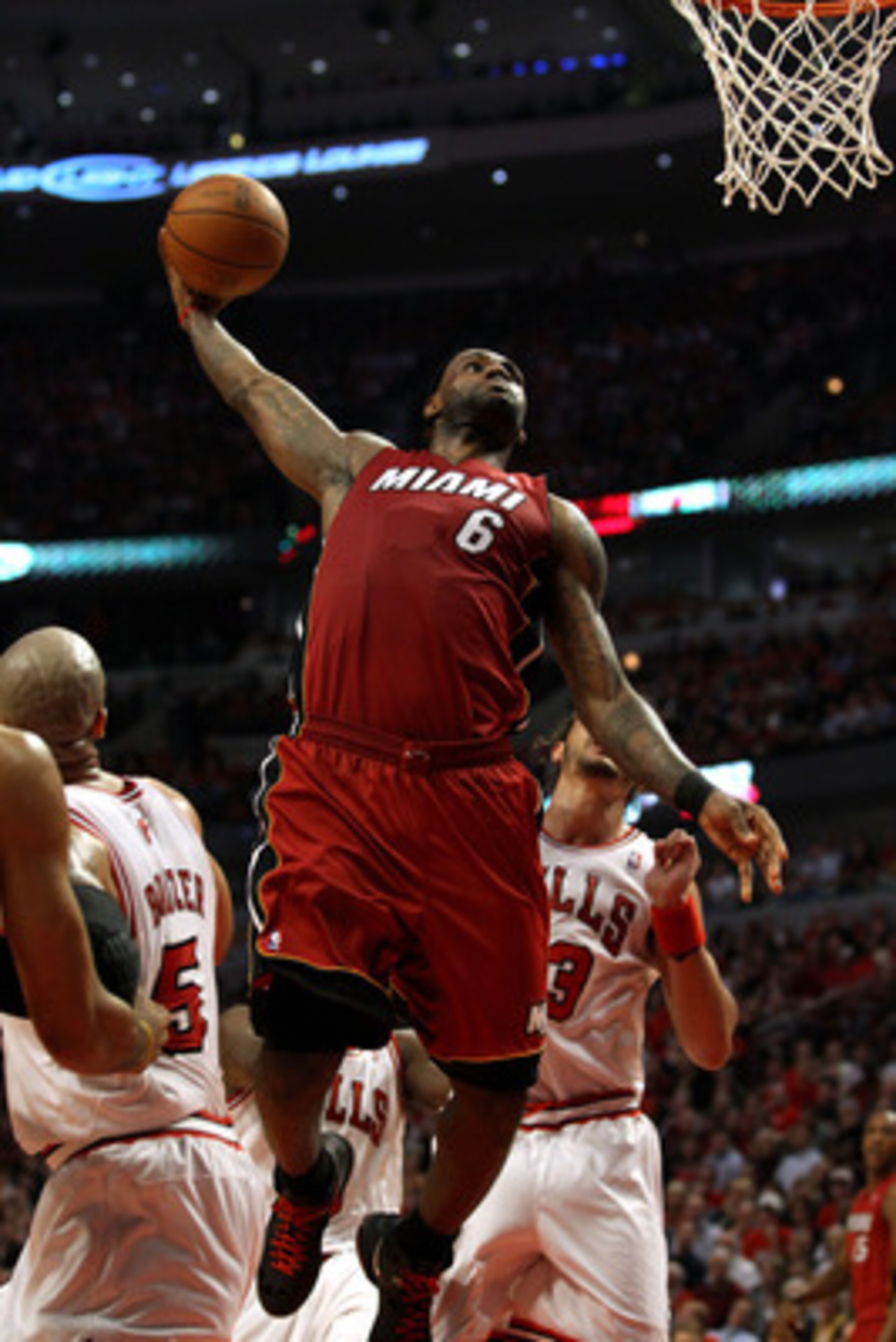 CHICAGO, IL - MAY 18:  LeBron James #6 of the Miami Heat dunks against the Chicago Bulls in Game Two of the Eastern Conference Finals during the 2011 NBA Playoffs on May 18, 2011 at the United Center in Chicago, Illinois. NOTE TO USER: User expressly ackn