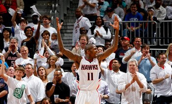 ATLANTA, GA - APRIL 28: Jamal Crawford #11 of the Atlanta Hawks reacts to the fans after a basket against the Orlando Magic during Game Six of the Eastern Conference Quarterfinals in the 2011 NBA Playoffs at Philips Arena on April 28, 2011 in Atlanta, Ge ATLANTA, GA - APRIL 28: Jamal Crawford #11 of the Atlanta Hawks reacts to the fans after a basket against the Orlando Magic during Game Six of the Eastern Conference Quarterfinals in the 2011 NBA Playoffs at Philips Arena on April 28, 2011 in Atlanta, Ge