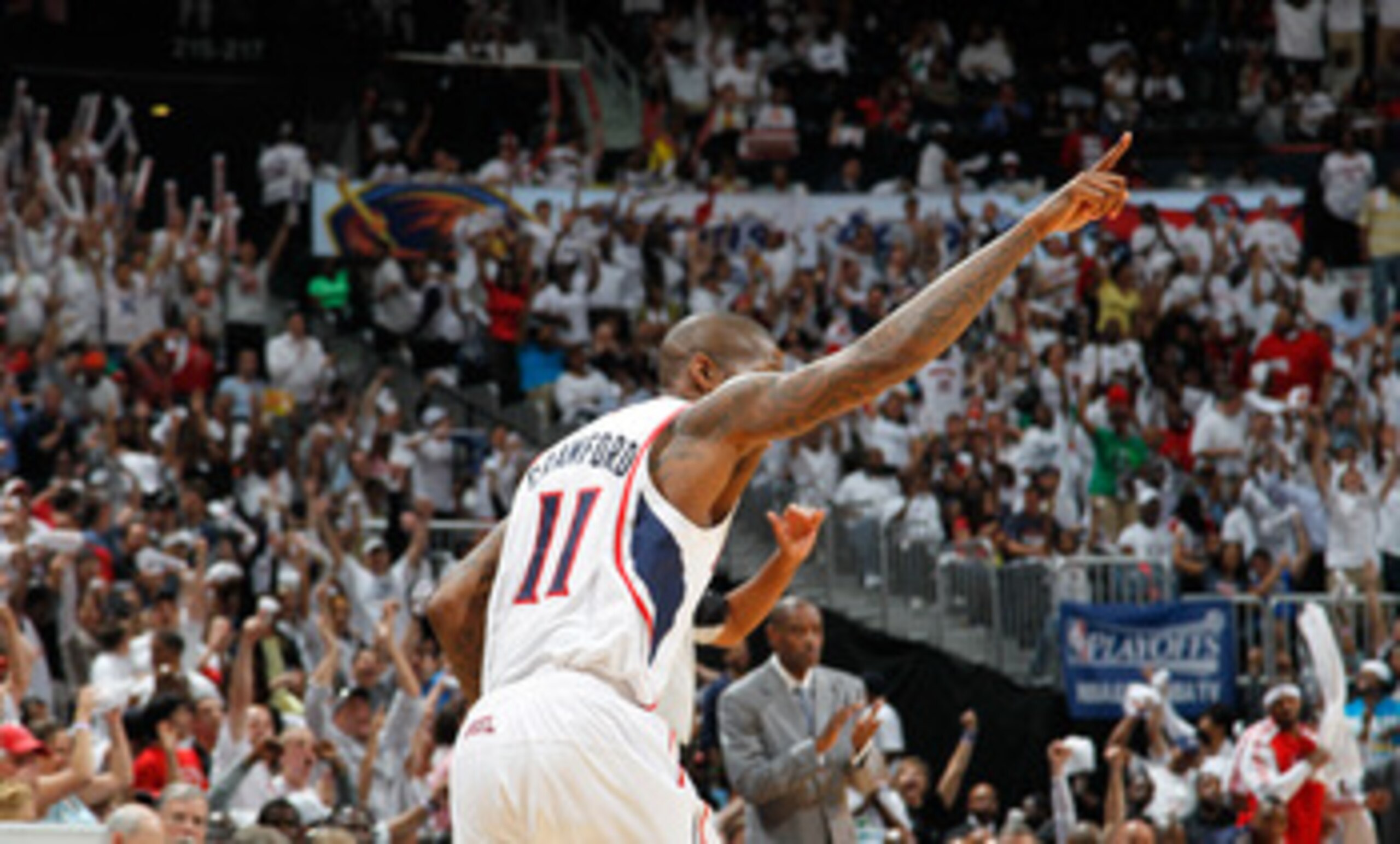 ATLANTA, GA - APRIL 28: Jamal Crawford #11 of the Atlanta Hawks reacts after a three-point basket against the Orlando Magic during Game Six of the Eastern Conference Quarterfinals in the 2011 NBA Playoffs at Philips Arena on April 28, 2011 in Atlanta, Ge ATLANTA, GA - APRIL 28: Jamal Crawford #11 of the Atlanta Hawks reacts after a three-point basket against the Orlando Magic during Game Six of the Eastern Conference Quarterfinals in the 2011 NBA Playoffs at Philips Arena on April 28, 2011 in Atlanta, Ge