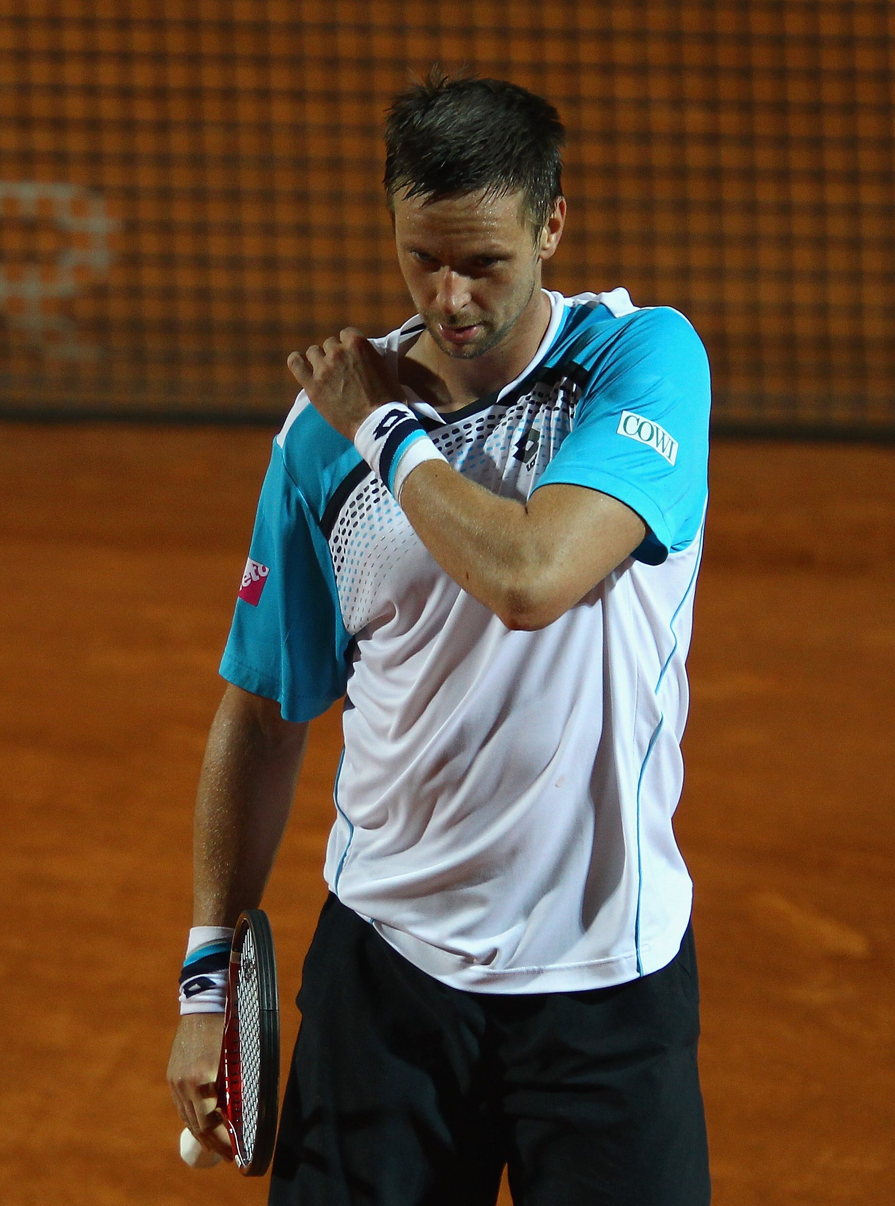 ROME, ITALY - MAY 13:  Robin Soderling of Sweden shows his dejection during his straight sets defeat in his quarter final match by Novak Djokovic of Serbia during day six of the Internazoinali BNL D'Italia at the Foro Italico Tennis Centre  on May 13, 201