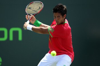 KEY BISCAYNE, FL - MARCH 25:  Fernando Verdasco of Spain returns against Pablo Andujar of Spain during the Sony Ericsson Open at Crandon Park Tennis Center on March 25, 2011 in Key Biscayne, Florida.  (Photo by Clive Brunskill/Getty Images)