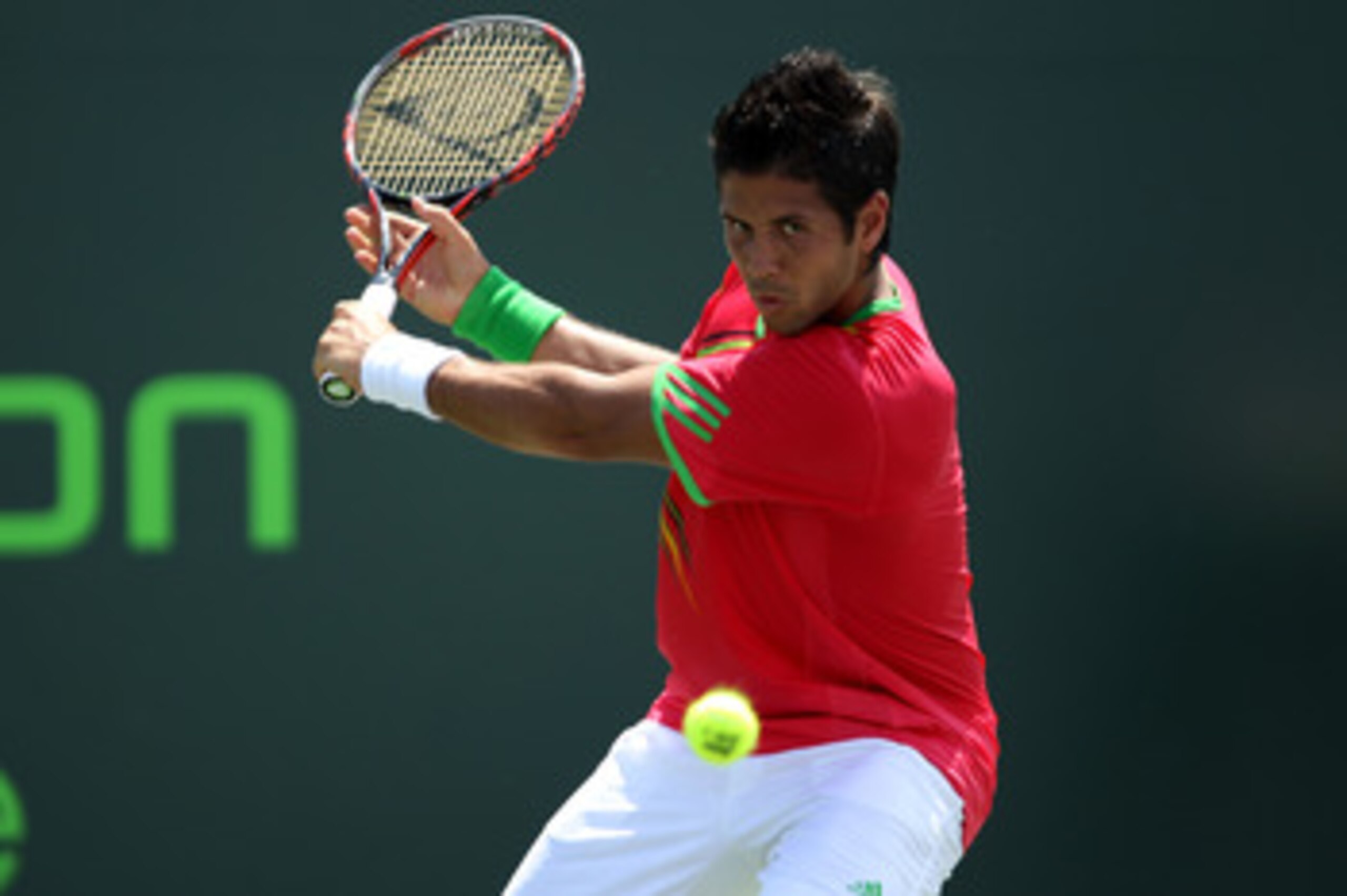KEY BISCAYNE, FL - MARCH 25:  Fernando Verdasco of Spain returns against Pablo Andujar of Spain during the Sony Ericsson Open at Crandon Park Tennis Center on March 25, 2011 in Key Biscayne, Florida.  (Photo by Clive Brunskill/Getty Images)