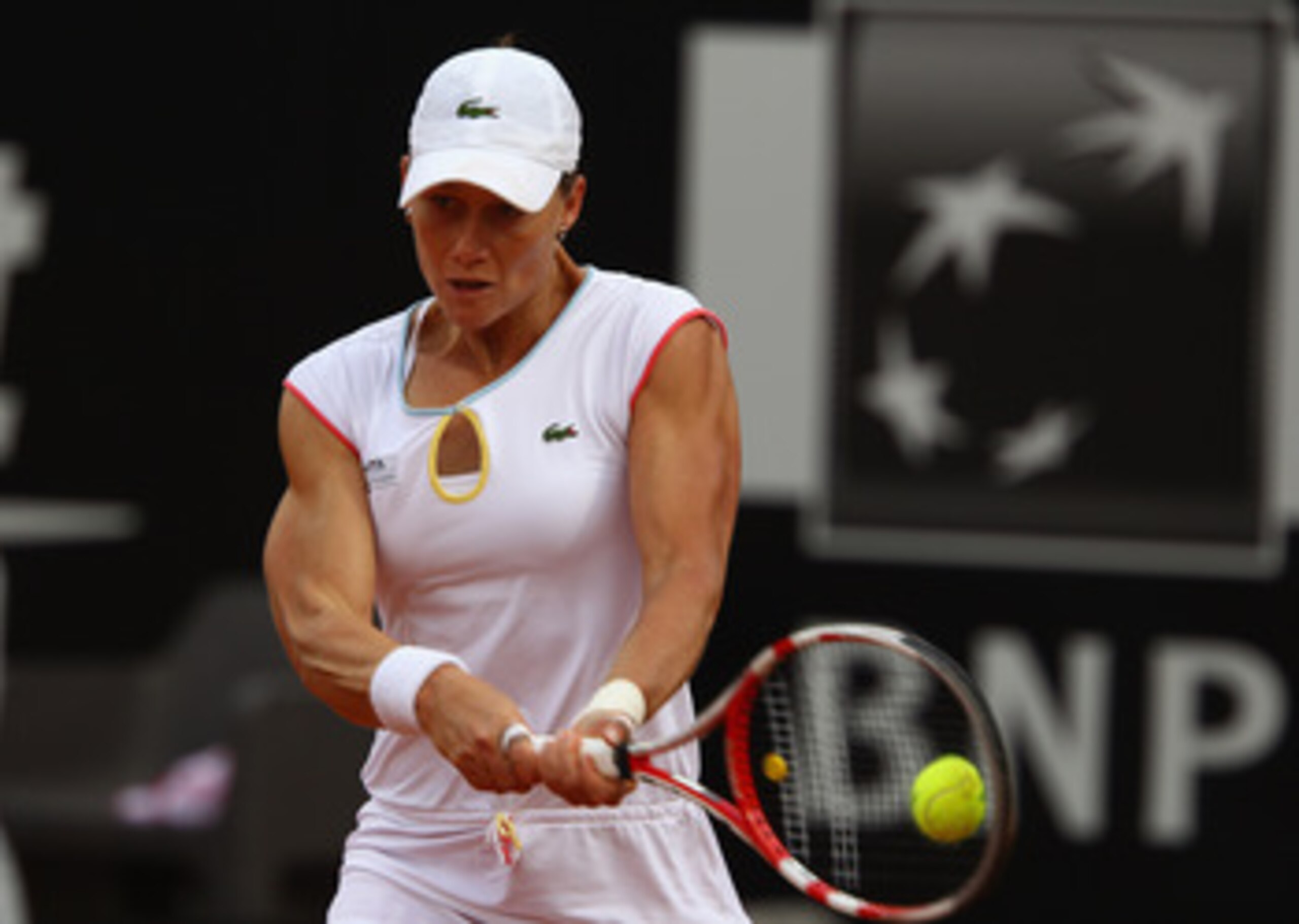 ROME, ITALY - MAY 15:  Samantha Stosur of Australia plays a backhand during the final against Maria Sharapova of Russia during day eight of the Internazoinali BNL D'Italia at the Foro Italico Tennis Centre on May 15, 2011 in Rome, Italy.  (Photo by Clive