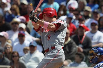 CHICAGO, IL - MAY 08: Drew Stubbs #6 of the Cincinnati Reds hits the ball against the Chicago Cubs at Wrigley Field on May 8, 2011 in Chicago, Illinois. The Reds defeated the Cubs 2-0. (Photo by Jonathan Daniel/Getty Images)