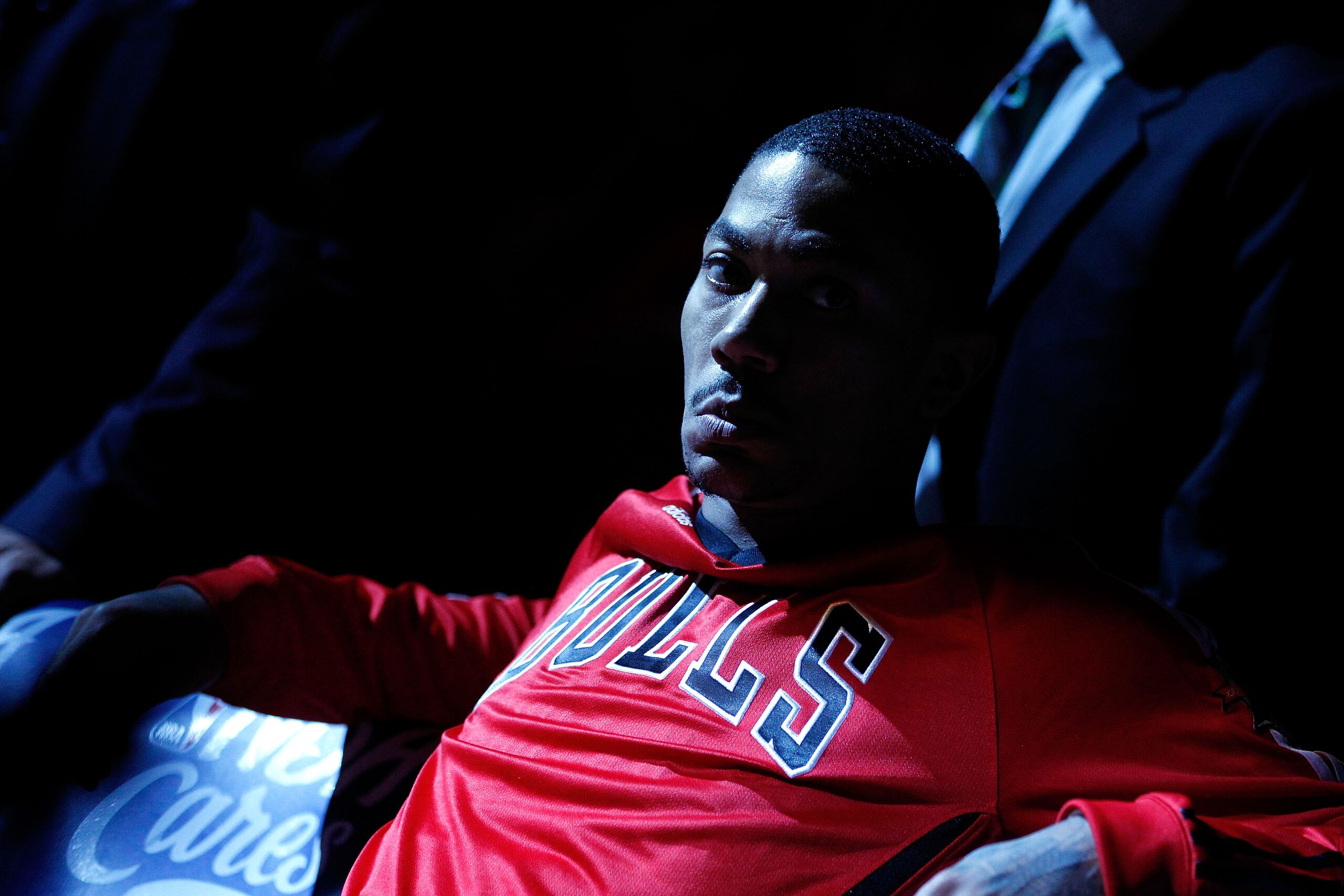 CHICAGO, IL - MAY 18: Derrick Rose #1 of the Chicago Bulls looks on from the bench prior to playing against the Miami Heat in Game Two of the Eastern Conference Finals during the 2011 NBA Playoffs on May 18, 2011 at the United Center in Chicago, Illinois.