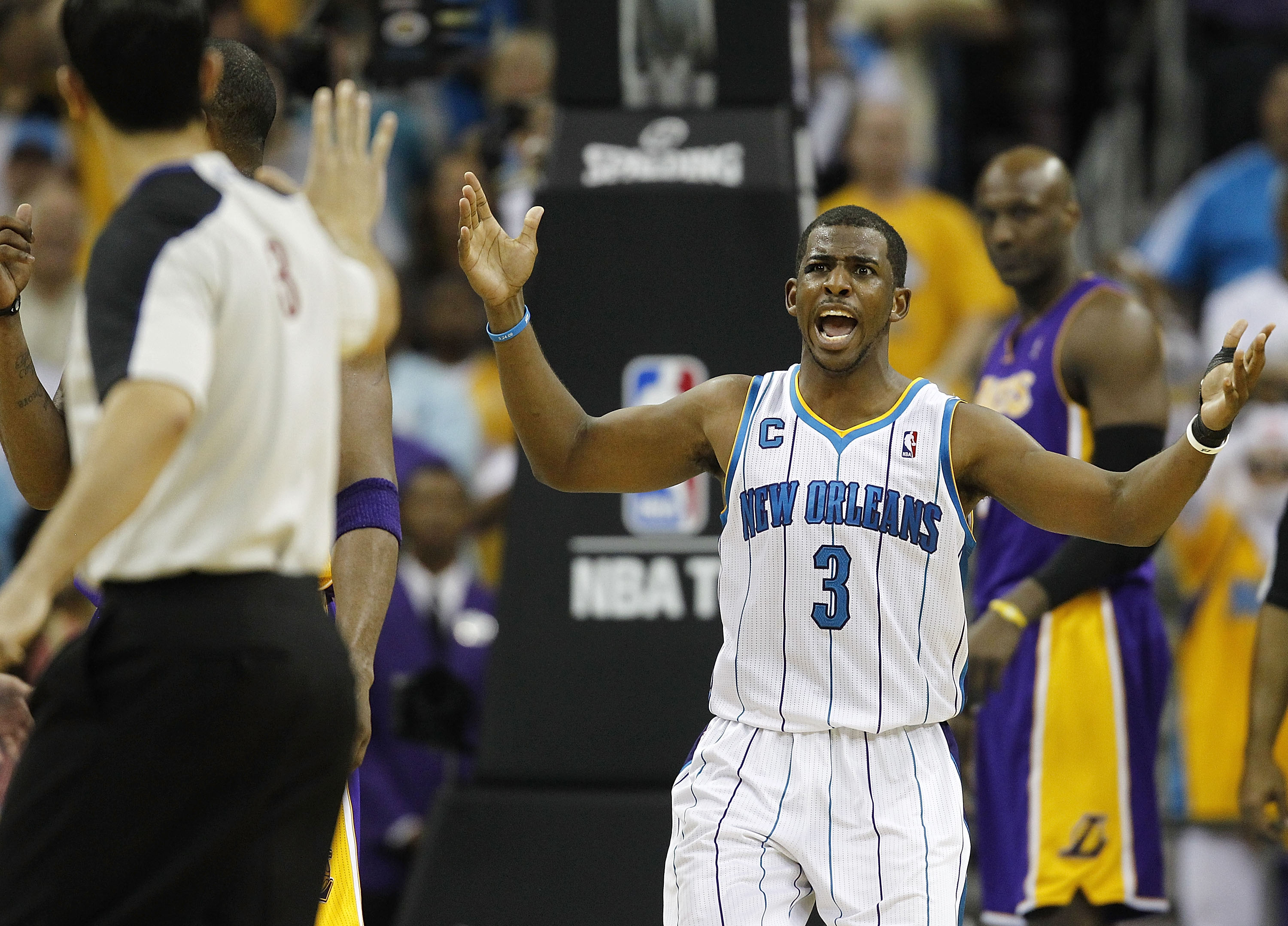 NEW ORLEANS - APRIL 24:  Chris Paul #3 of the New Orleans Hornets reacts to a call during a game with the Los Angeles Lakers in Game Four of the Western Conference Quarterfinals in the 2011 NBA Playoffs at New Orleans Arena on April 24, 2011 in New Orlean