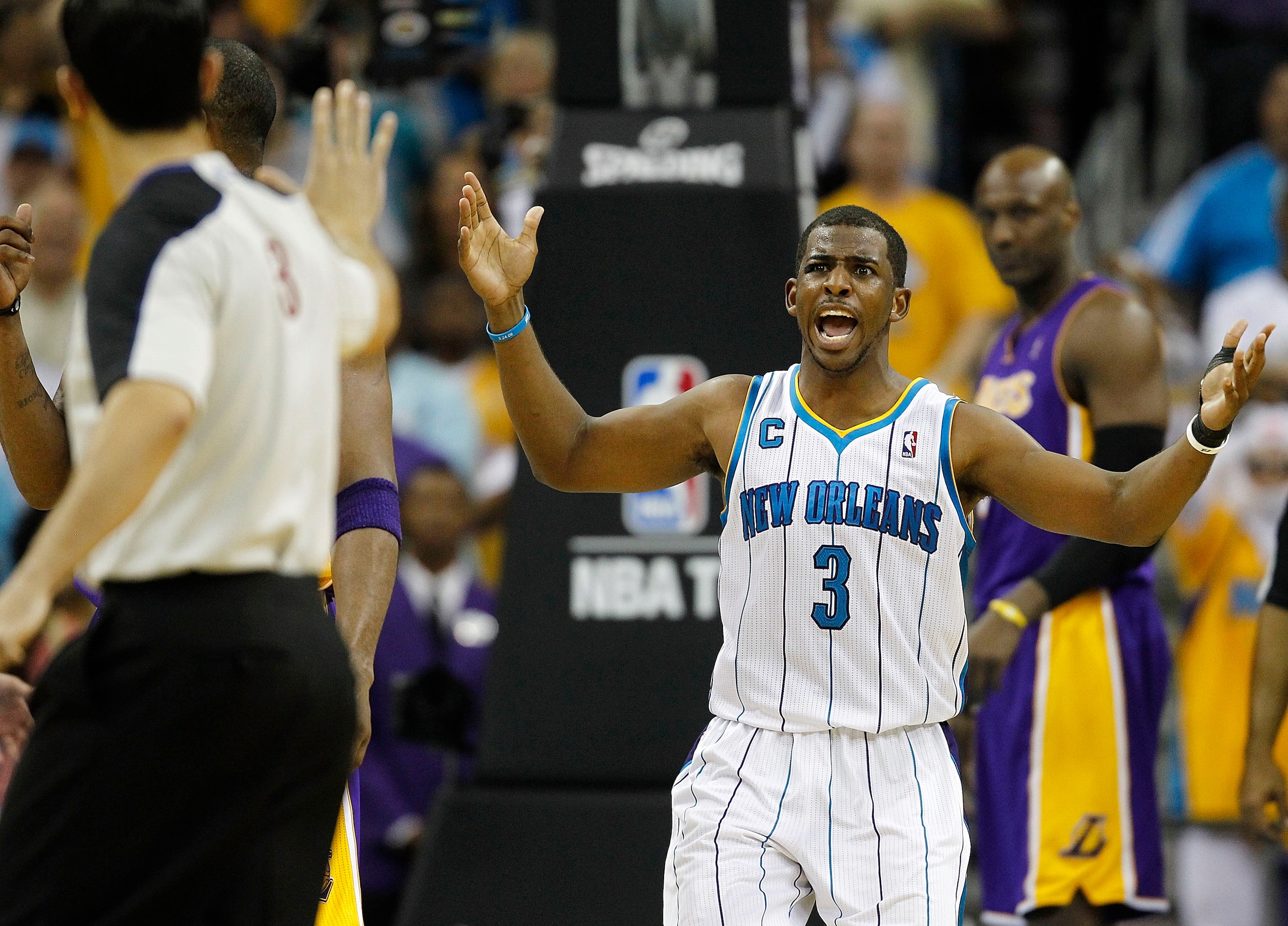 NEW ORLEANS - APRIL 24:  Chris Paul #3 of the New Orleans Hornets reacts to a call during a game with the Los Angeles Lakers in Game Four of the Western Conference Quarterfinals in the 2011 NBA Playoffs at New Orleans Arena on April 24, 2011 in New Orlean