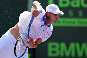 KEY BISCAYNE, FL - MARCH 26:  Andy Roddick serves against Pablo Cuevas of Uruguay during the Sony Ericsson Open at Crandon Park Tennis Center on March 26, 2011 in Key Biscayne, Florida.  (Photo by Al Bello/Getty Images)