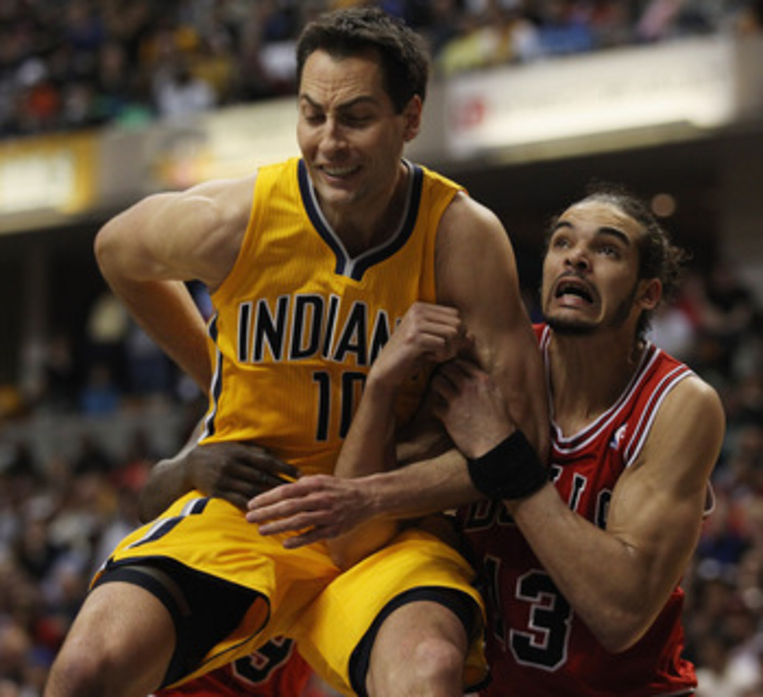 INDIANAPOLIS, IN - APRIL 23: Jeff Foster #10 of the Indiana Pacers and Joakim Noah #13 of the Chicago Bulls battle for position on a free-throw in Game Four of the Eastern Conference Quarterfinals in the 2011 NBA Playoffs at Conseco Fieldhouse on April 23 INDIANAPOLIS, IN - APRIL 23: Jeff Foster #10 of the Indiana Pacers and Joakim Noah #13 of the Chicago Bulls battle for position on a free-throw in Game Four of the Eastern Conference Quarterfinals in the 2011 NBA Playoffs at Conseco Fieldhouse on April 23