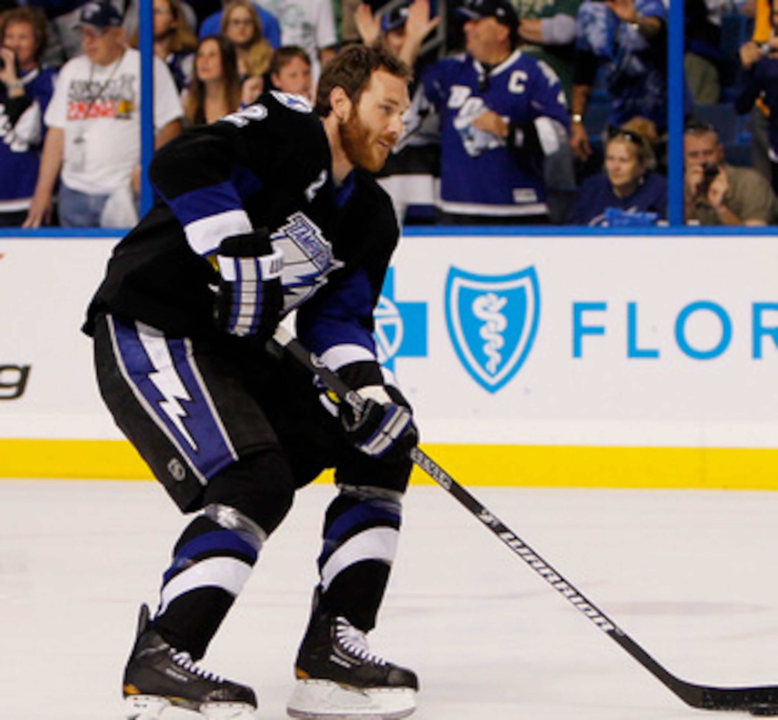TAMPA, FL - MAY 19:  Eric Brewer #2 of the Tampa Bay Lightning warms up prior to Game Three of the Eastern Conference Finals against the Boston Bruins during the 2011 NHL Stanley Cup Playoffs at St Pete Times Forum on May 19, 2011 in Tampa, Florida.  (Pho