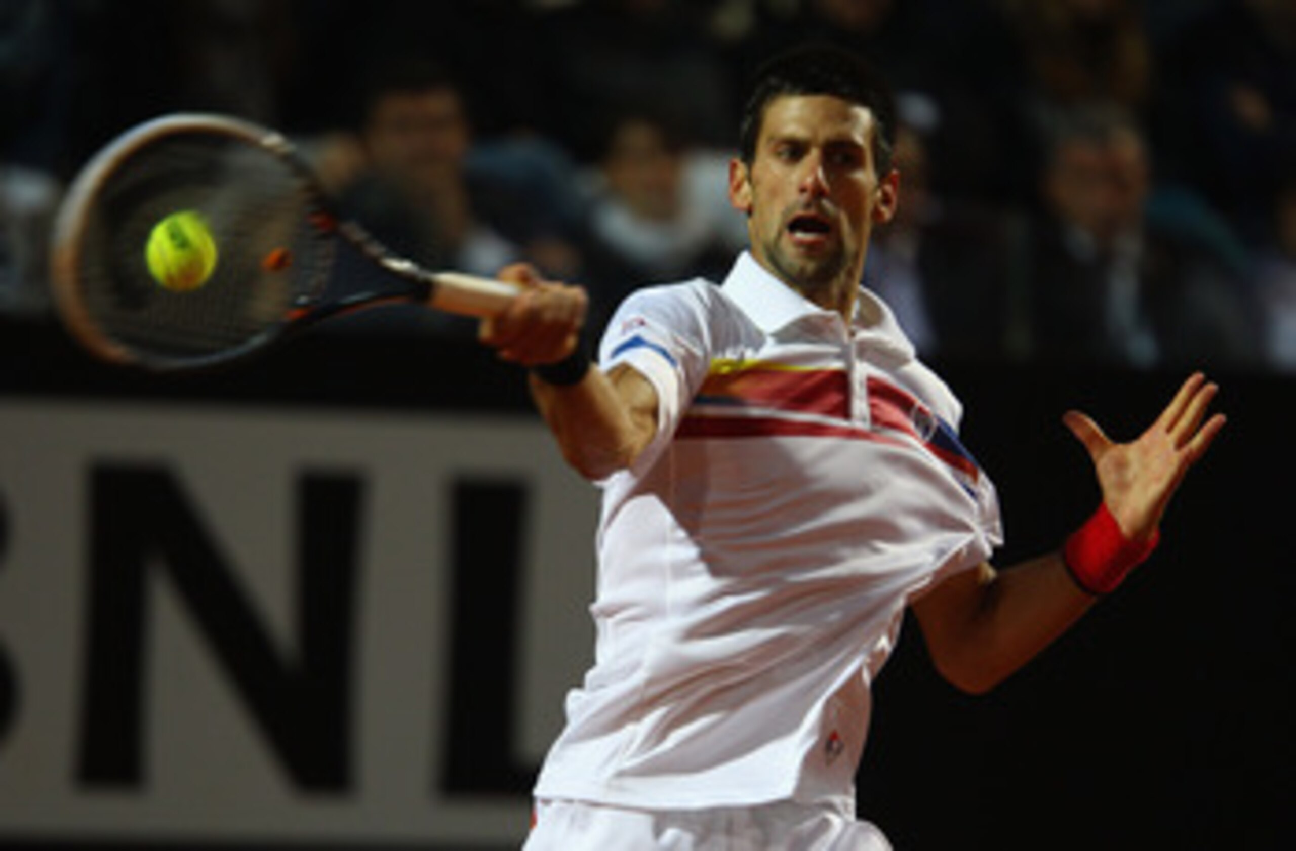ROME, ITALY - MAY 15:  Novak Djokovic of Serbia in action during the final against Rafael Nadal of Spain during day eight of the Internazoinali BNL D'Italia at the Foro Italico Tennis Centre on May 15, 2011 in Rome, Italy.  (Photo by Clive Brunskill/Getty