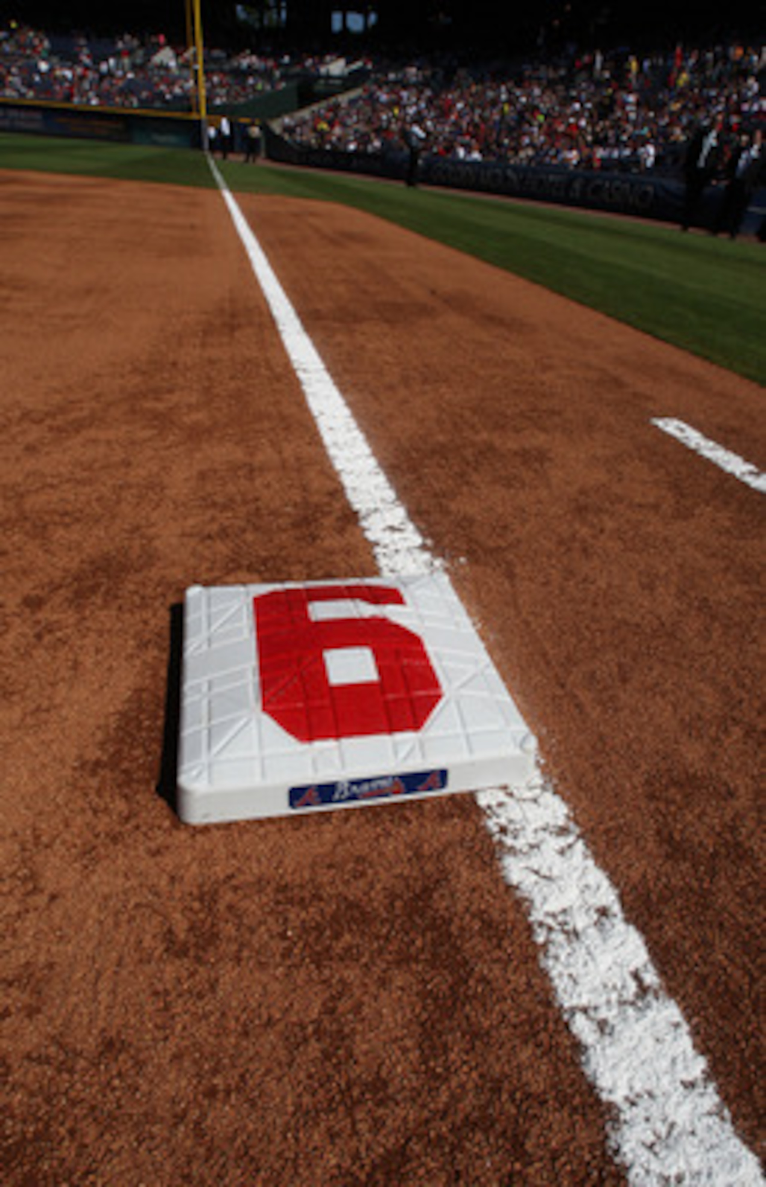 ATLANTA - OCTOBER 2: First base is adorned with the uniform number 6 of retiring Manager Bobby Cox for the Atlanta Braves before the game against the Philadelphia Phillies at Turner Field on October 2, 2010 in Atlanta, Georgia.  (Photo by Scott Cunningham