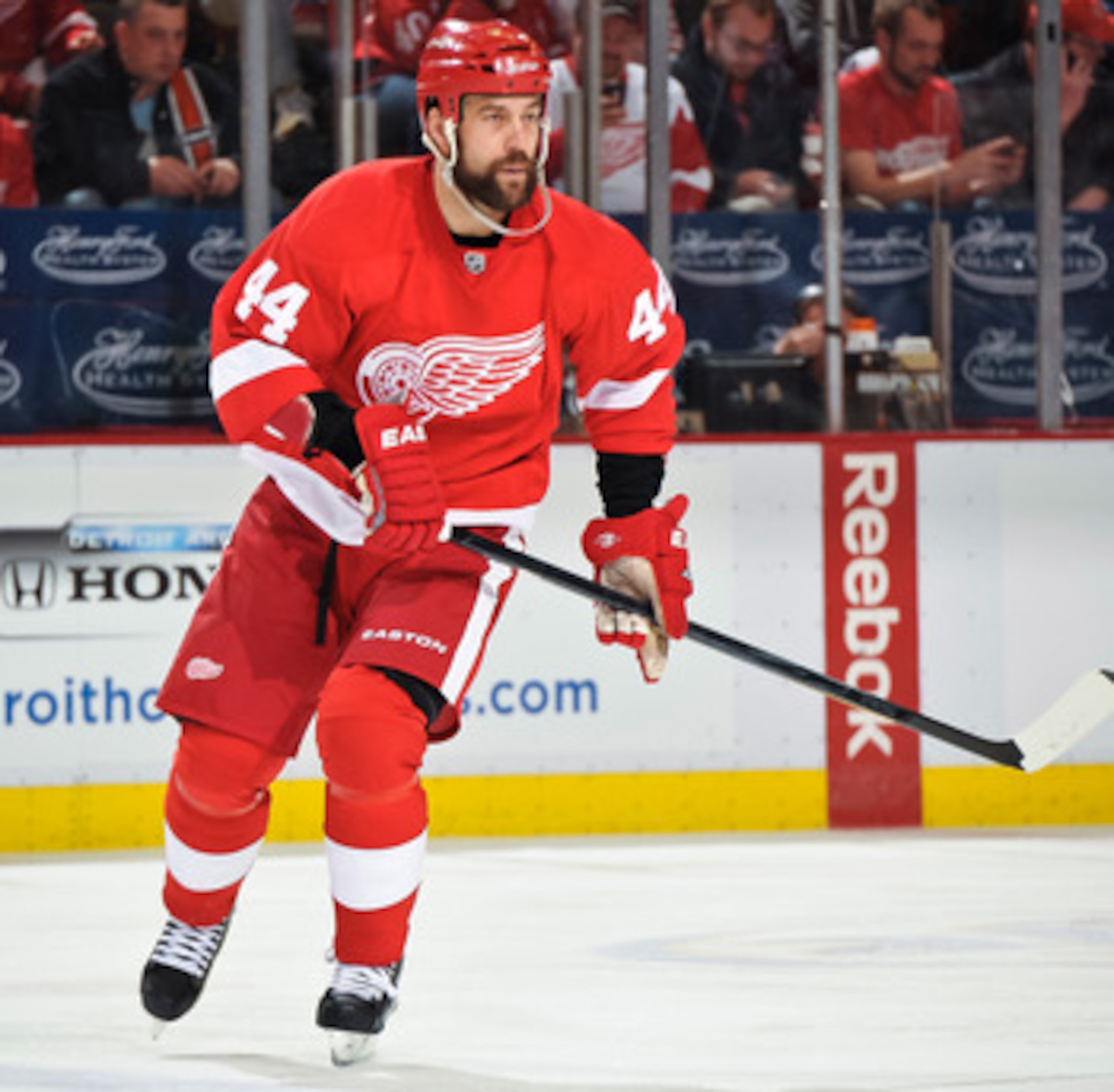 DETROIT - MAY 4: Todd Bertuzzi #44 of the Detroit Red Wings skates against the San Jose Sharks in Game Three of the Western Conference Semifinals during the 2011 NHL Stanley Cup Playoffs on May 4, 2011 at Joe Louis Arena in Detroit, Michigan. (Photo by Ja