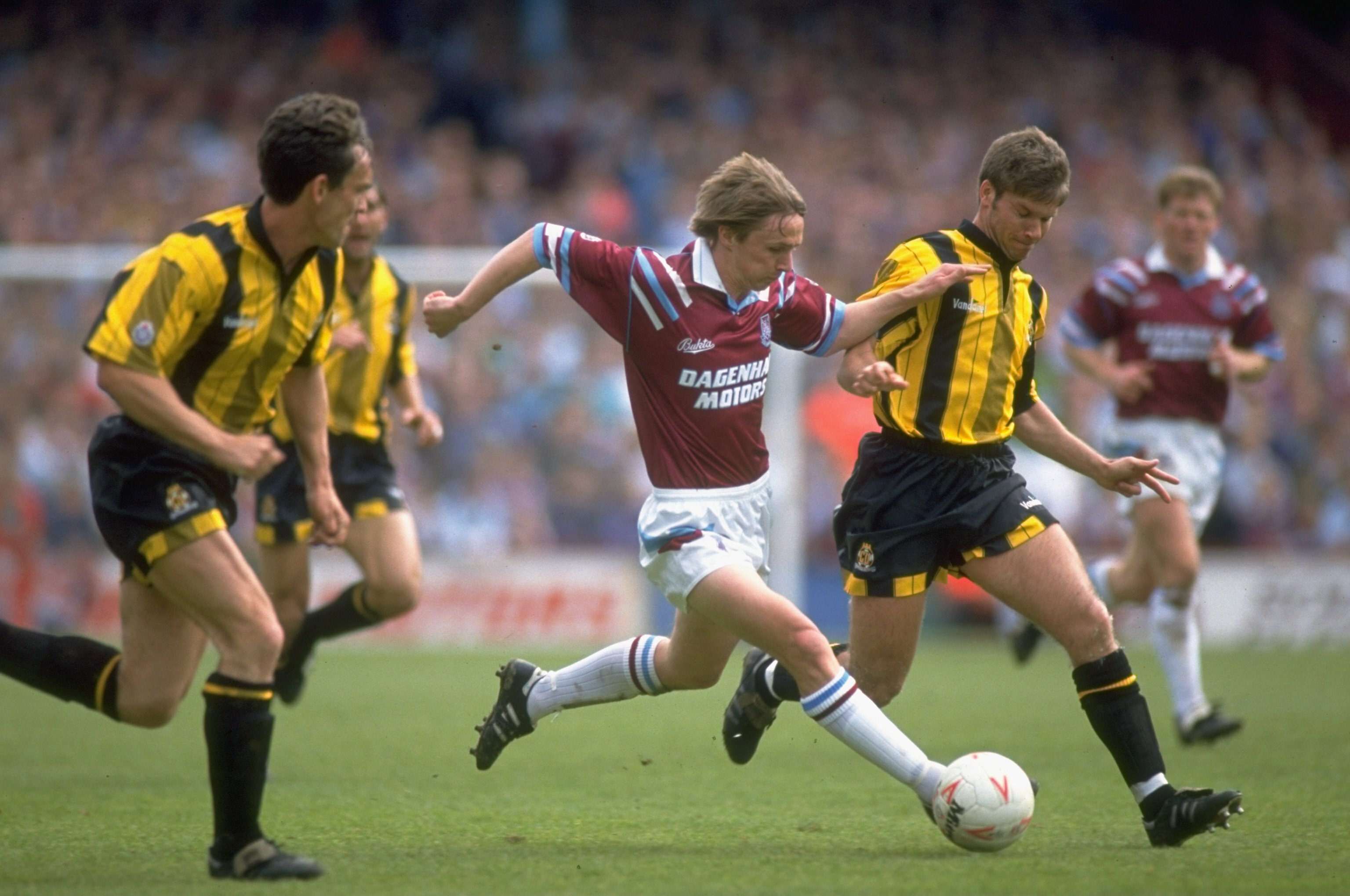 8 May 1993:  Kevin Keen of West Ham United takes on Alan Kimble of Cambridge United during the League Division One match at Upton Park in London.  \ Mandatory Credit: Shaun Botterill /Allsport