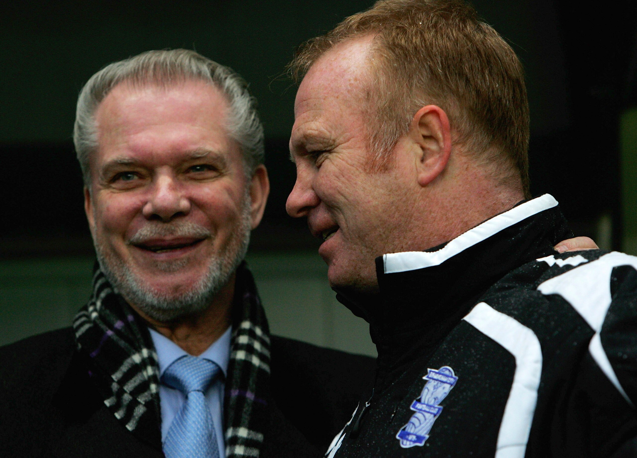 NEWCASTLE-UPON-TYNE, UNITED KINGDOM - DECEMBER 08:  David Gold, Chairman of Birmingham City speaks to Alex McLeish, manager of Birmingham City during the Premier League match between Newcastle United and Birmingham at St James' Park on December 08, 2007 i