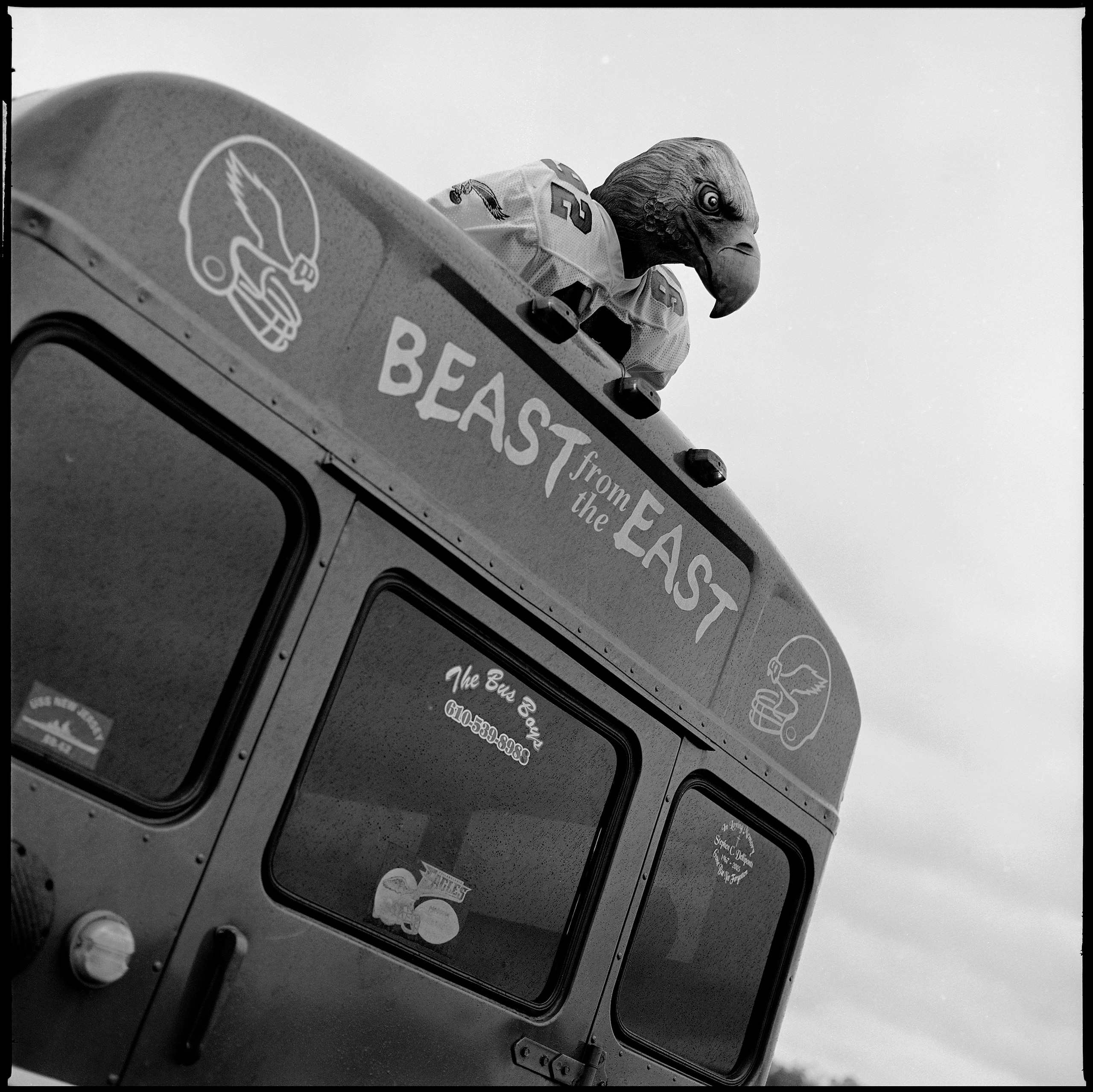 PHILADELPHIA - NOVEMBER 18: An eagle mascot sits on a tailgating bus in a carpark during the game between the Miami Dolphins and the Philadelphia Eagles at Lincoln Financial Field on November 18, 2007 in Philadelphia, Pennsylvania. Born and bred into Amer