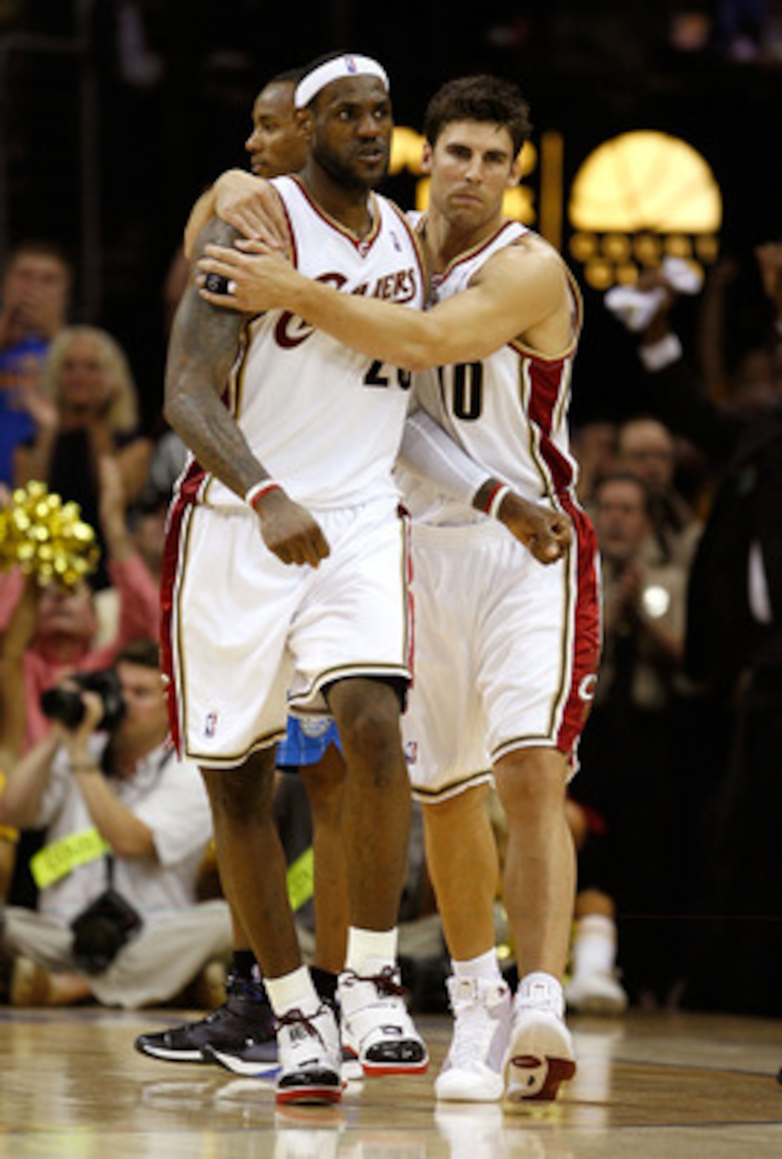 CLEVELAND - MAY 28:  LeBron James #23 of the Cleveland Cavaliers reacts with teammate Wally Szczerbiak #10 after defeating the Orlando Magic in Game Five of the Eastern Conference Finals during the 2009 Playoffs at Quicken Loans Arena on May 28, 2009 in C