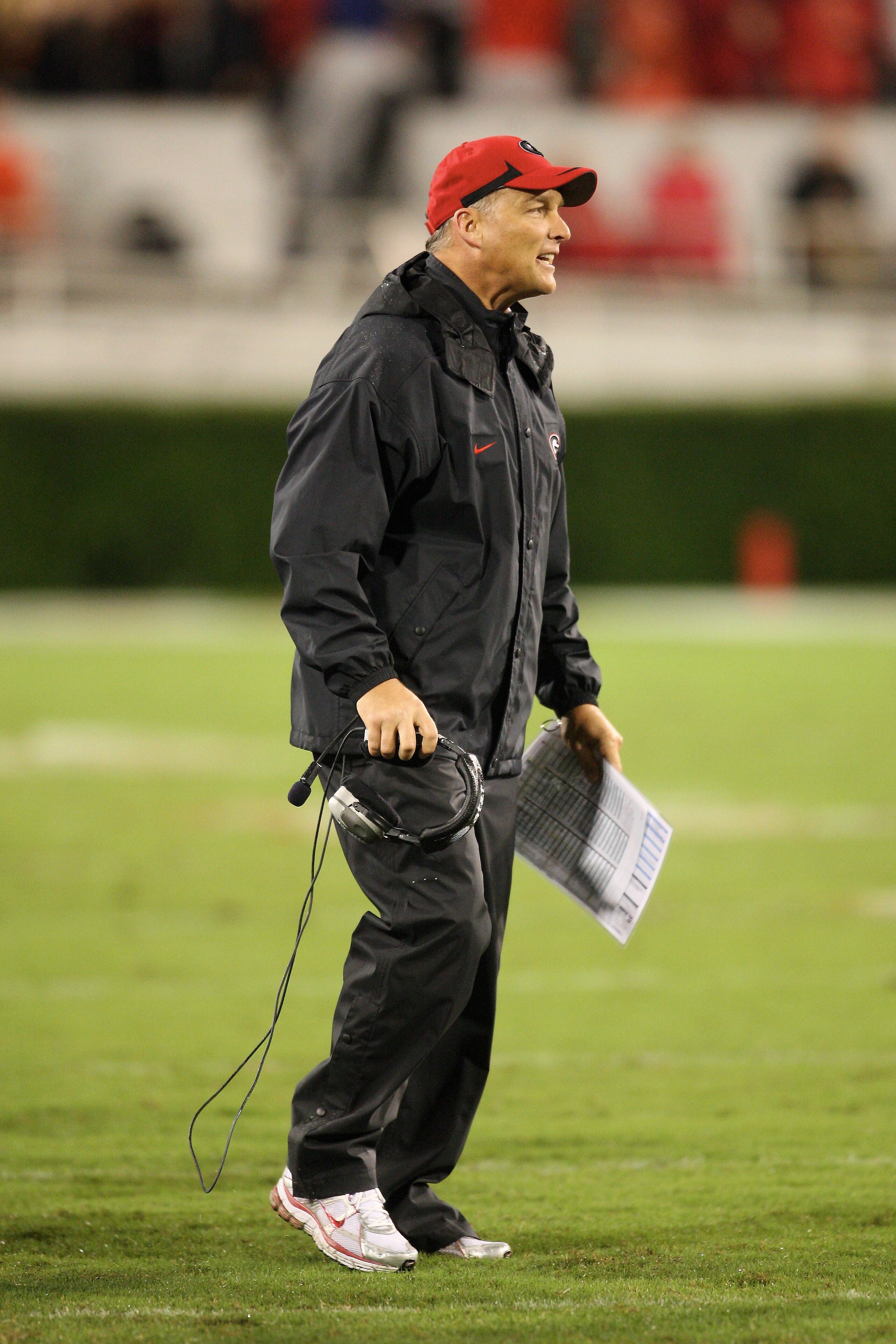 ATHENS, GA - SEPTEMBER 26: Head Coach Mark Richt of the Georgia Bulldogs disputes a call with a referee during the game against the Arizona State Sun Devils at Sanford Stadium on September 26, 2009 in Athens, Georgia. (Photo by Scott Cunningham/Getty Imag