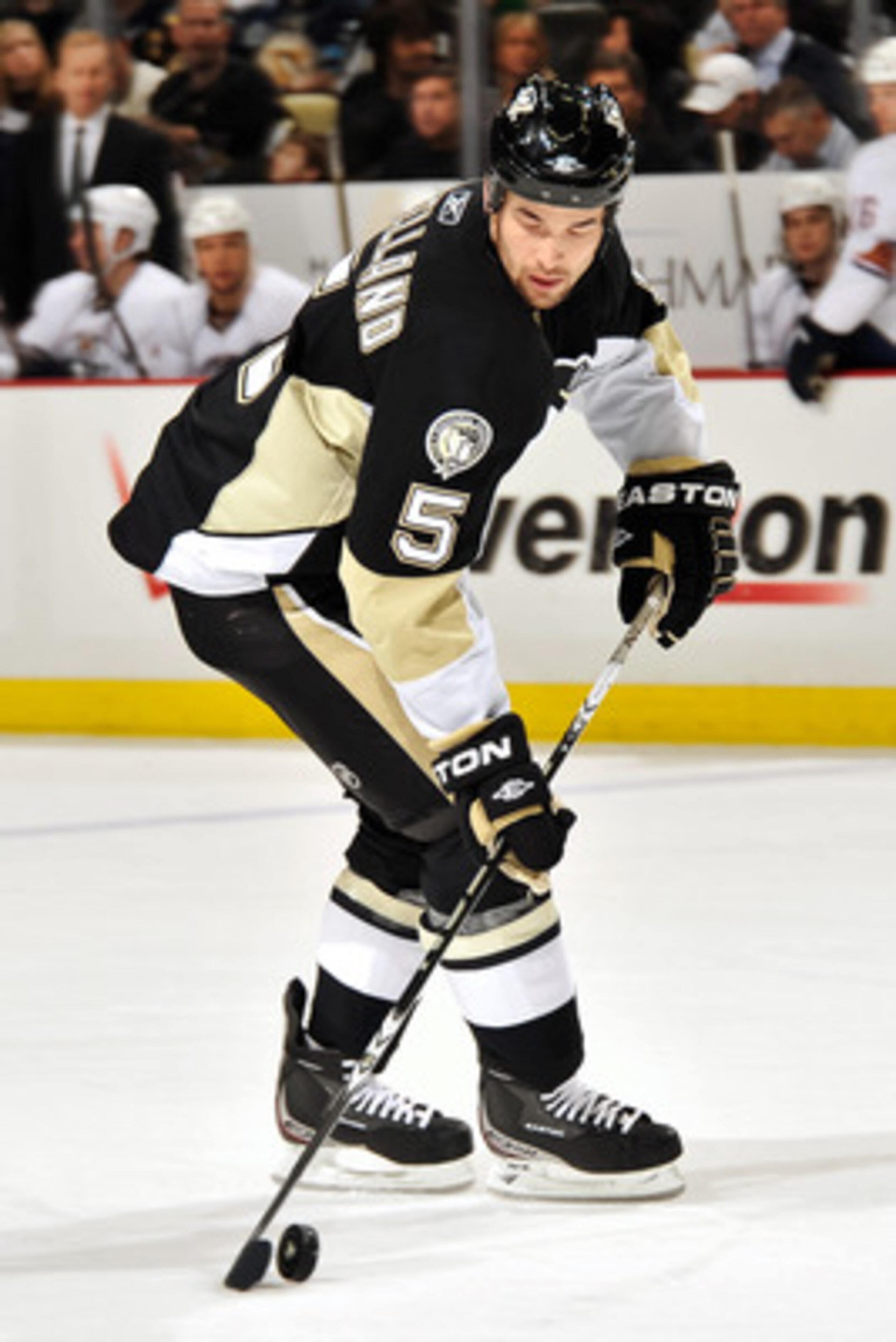 PITTSBURGH, PA - MARCH 13:  Deryk Engelland #5 of the Pittsburgh Penguins skates with the puck against the Edmonton Oilers on March 13, 2011 at CONSOL Energy Center in Pittsburgh, Pennsylvania.  (Photo by Jamie Sabau/Getty Images)