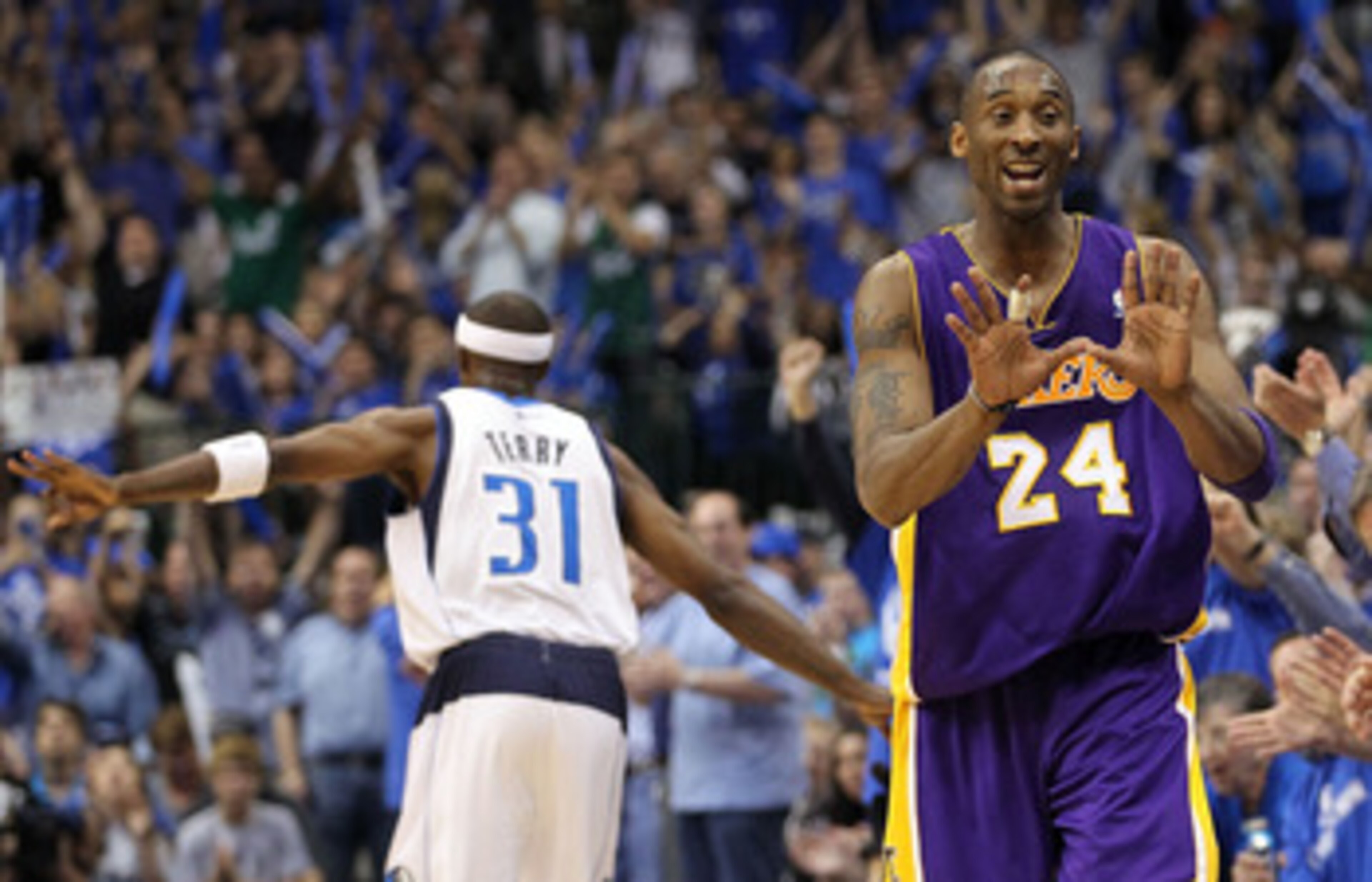 DALLAS, TX - MAY 08:  Guard Kobe Bryant #24 of the Los Angeles Lakers reacts after a three-point shot by Jason Terry #31 of the Dallas Mavericks in Game Four of the Western Conference Semifinals during the 2011 NBA Playoffs on May 8, 2011 at American Airl