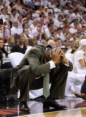 MIAMI, FL - MAY 11:  Boston Celtics head coach Doc Rivers reacts on the sideline during Game Five of the Eastern Conference Semifinals of the 2011 NBA Playoffs against the Miami Heat at American Airlines Arena on May 11, 2011 in Miami, Florida. NOTE TO US