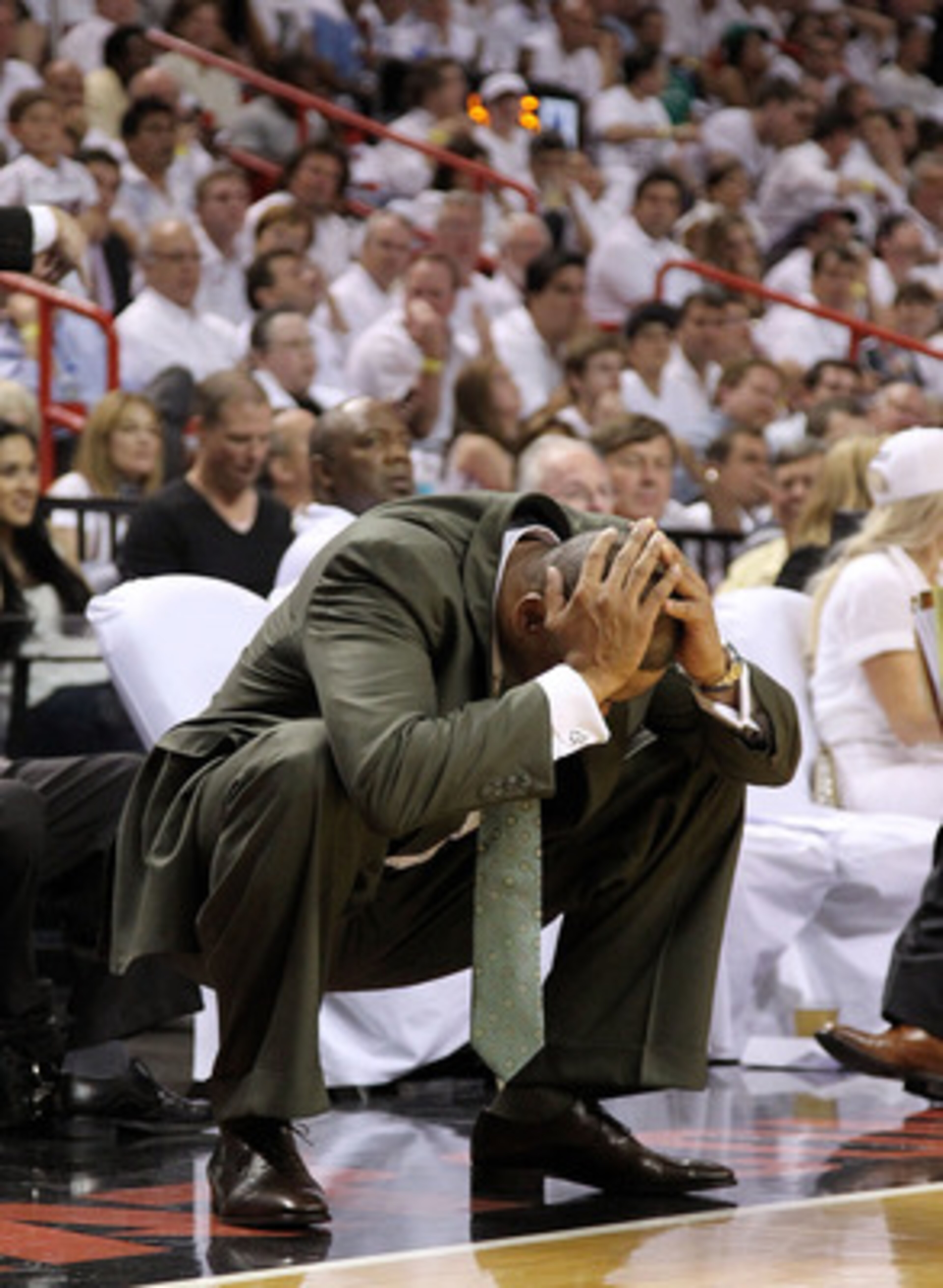 MIAMI, FL - MAY 11:  Boston Celtics head coach Doc Rivers reacts on the sideline during Game Five of the Eastern Conference Semifinals of the 2011 NBA Playoffs against the Miami Heat at American Airlines Arena on May 11, 2011 in Miami, Florida. NOTE TO US