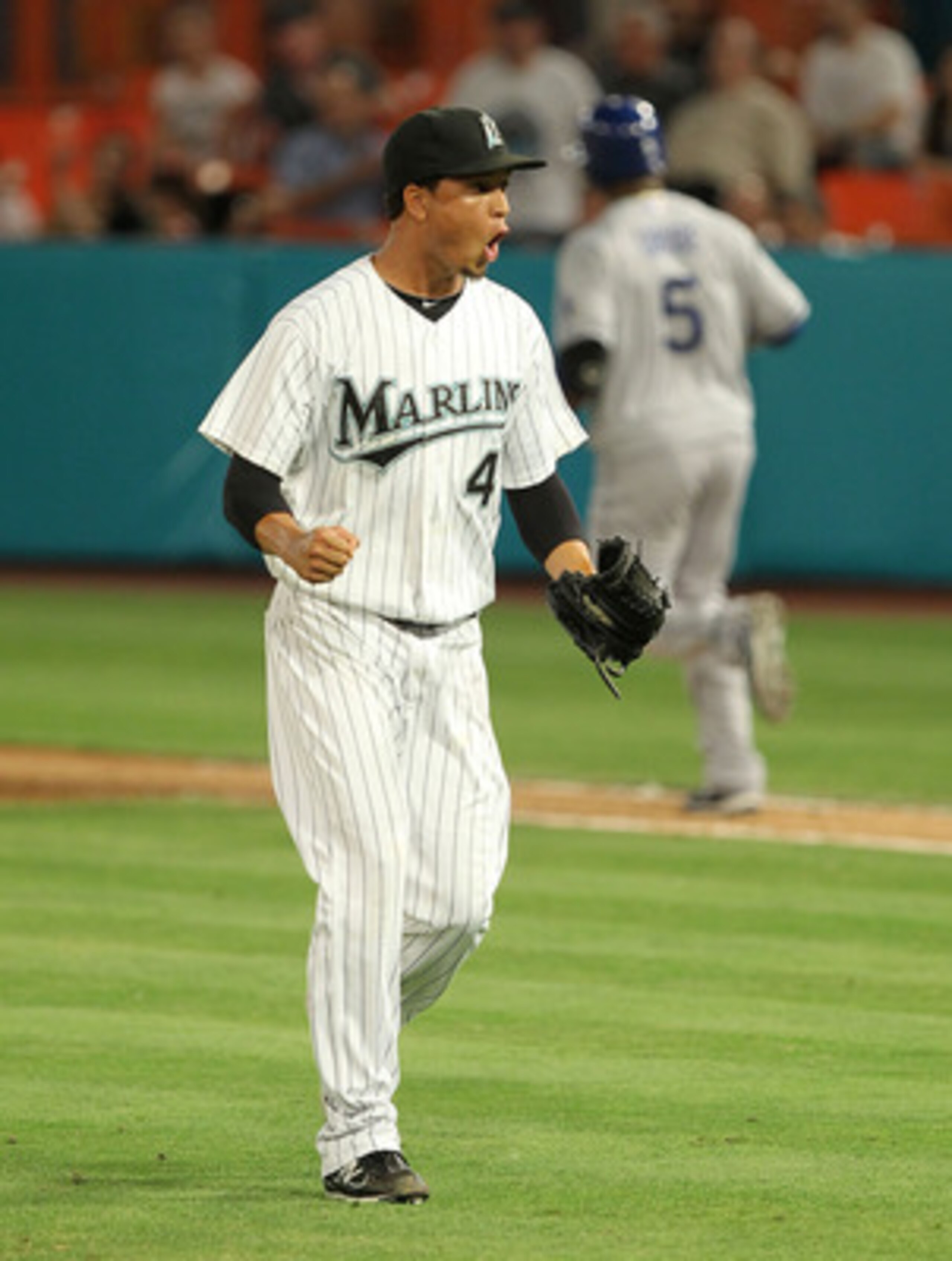 MIAMI GARDENS, FL - APRIL 26:  Leo Nunez #46 of the Florida Marlins reacts after winning a game against the Los Angeles Dodgers at Sun Life Stadium on April 26, 2011 in Miami Gardens, Florida.  (Photo by Mike Ehrmann/Getty Images)