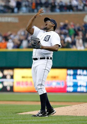 DETROIT, MI - MAY 14:  Jose Valverde #46 of the Detroit Tigers celebrates a 3-0 win over the Kansas City Royals at Comerica Park on May 14, 2011 in Detroit, Michigan.  (Photo by Leon Halip/Getty Images)