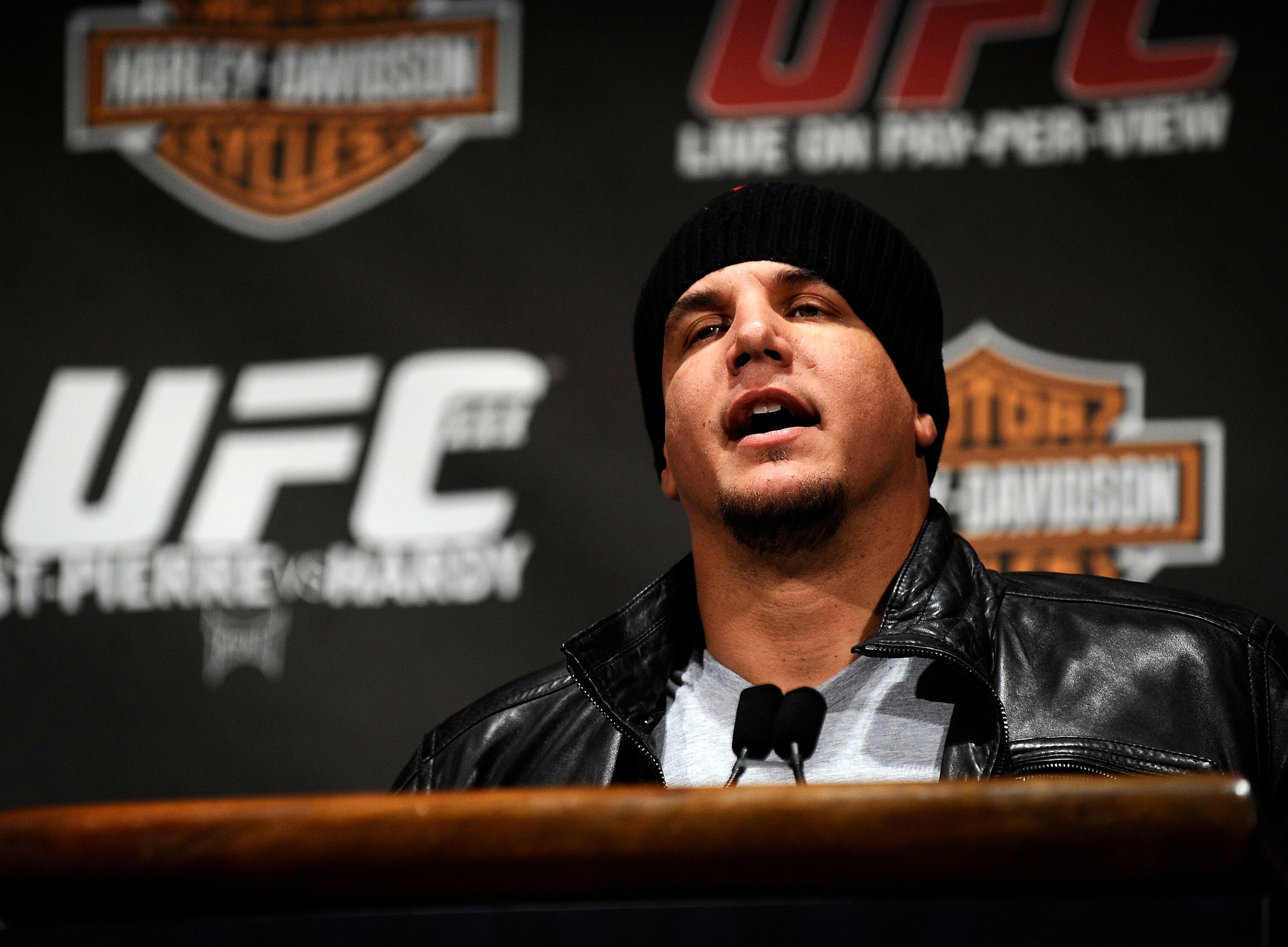 NEW YORK - MARCH 24:  Frank Mir of Las Vegas, Nevada speaks at a press conference for UFC 111 at Radio City Music Hall on March 24, 2010 in New York City.  Mir will face Shane Carwin of Denver, Colorado in the INterim heavyweight title bout.  (Photo by Je