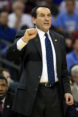 CHARLOTTE, NC - MARCH 20:  Head coach Mike Krzyzewski of the Duke Blue Devils reacts while taking on the Michigan Wolverines during the third round of the 2011 NCAA men's basketball tournament at Time Warner Cable Arena on March 20, 2011 in Charlotte, Nor