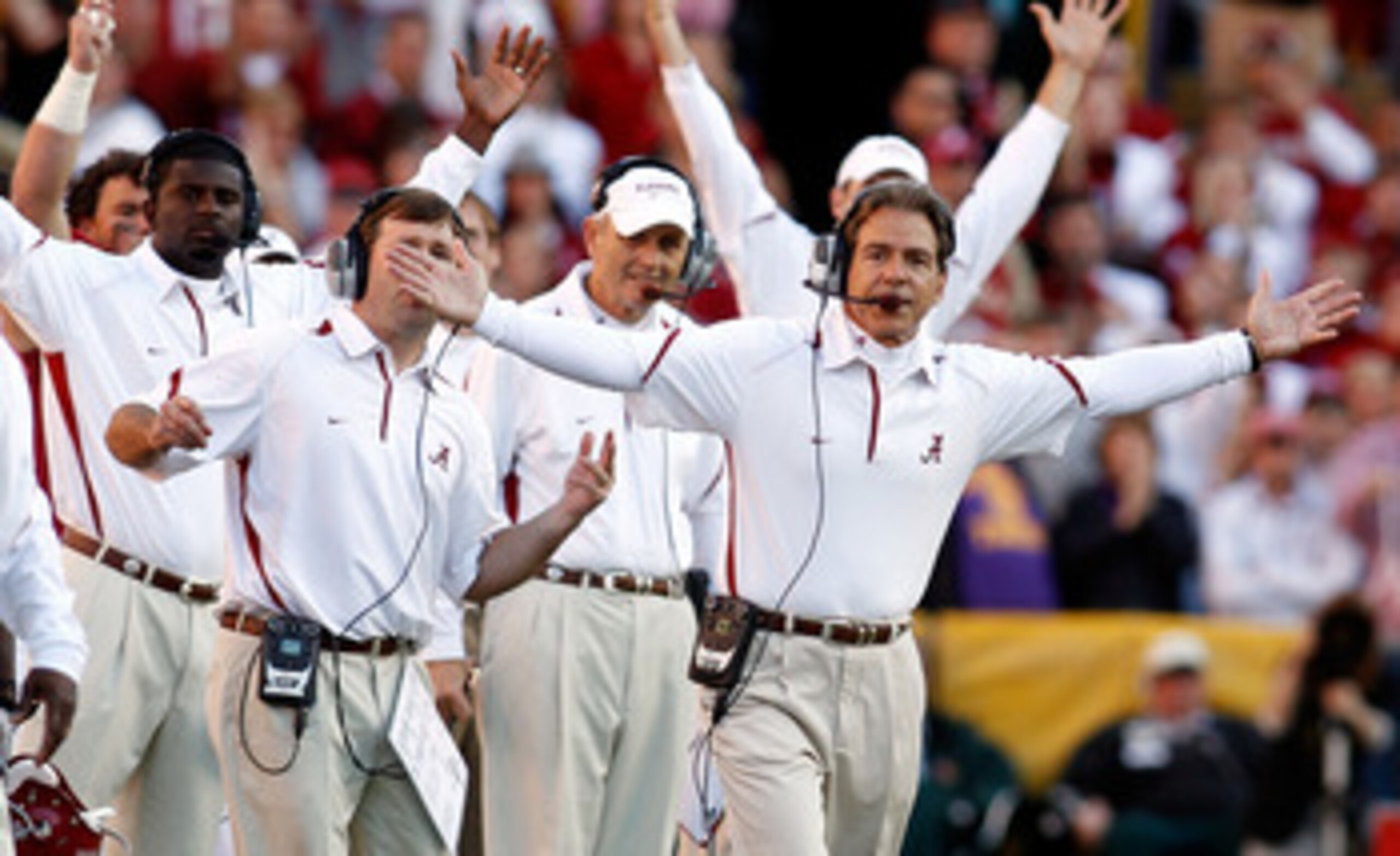 BATON ROUGE, LA - NOVEMBER 06:  Head coach Nick Saban of the Alabama Crimson Tide reacts to a play during the game against the Louisiana State University Tigers at Tiger Stadium on November 6, 2010 in Baton Rouge, Louisiana. The Tigers defeated the Crimso
