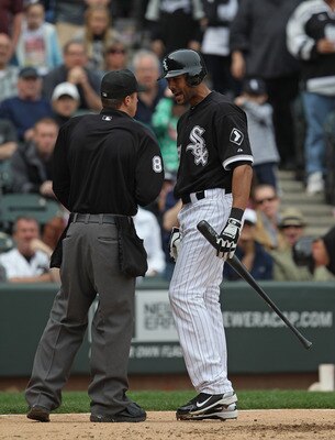 CHICAGO, IL - MAY 01: Alex Rios #51 of the Chicago White Sox argues with home plate umpire Cory Blaser #89 after being called out on stikes in the 9th inning against the Baltimore Orioles at U.S. Cellular Field on May 1, 2011 in Chicago, Illinois. The Ori