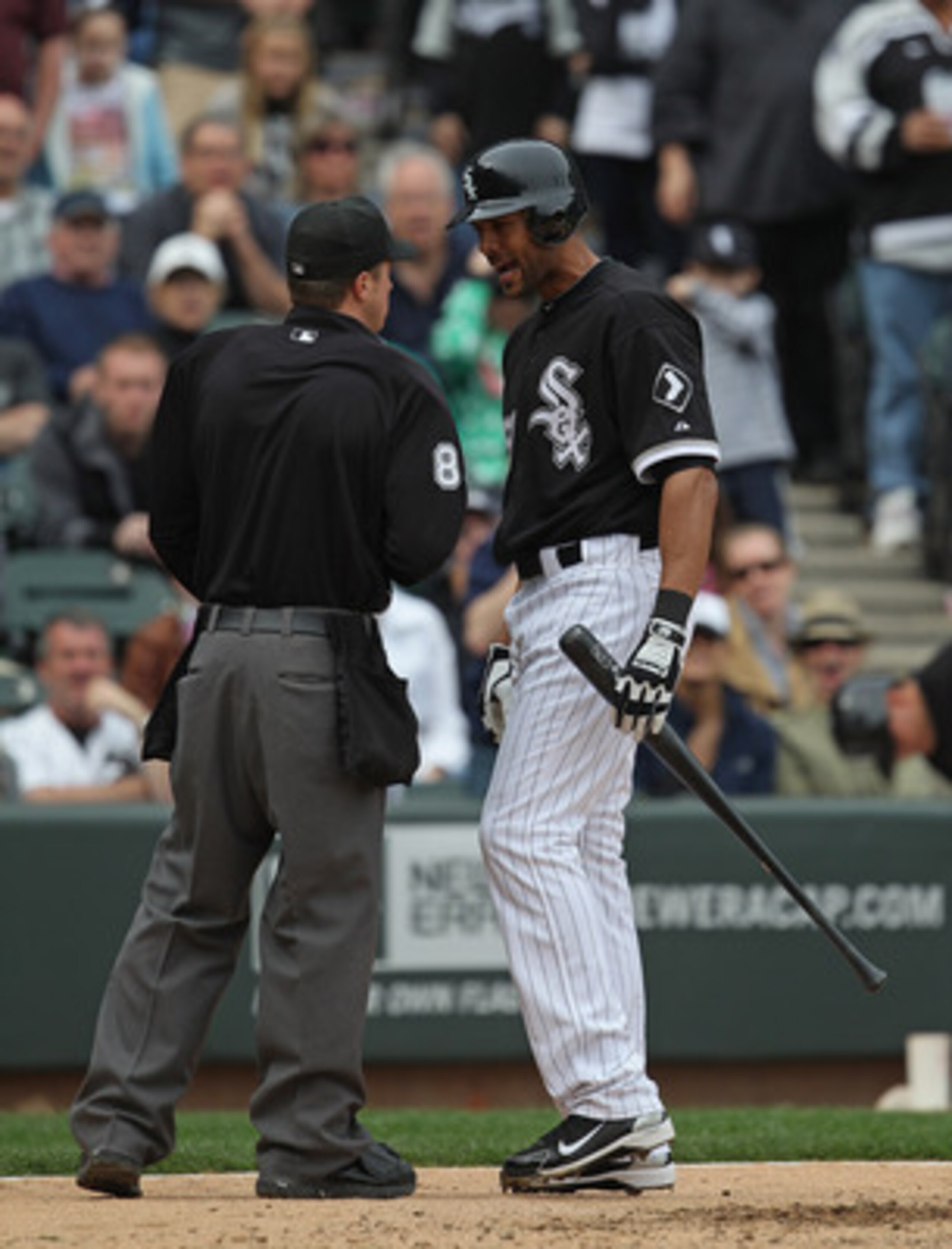 CHICAGO, IL - MAY 01: Alex Rios #51 of the Chicago White Sox argues with home plate umpire Cory Blaser #89 after being called out on stikes in the 9th inning against the Baltimore Orioles at U.S. Cellular Field on May 1, 2011 in Chicago, Illinois. The Ori