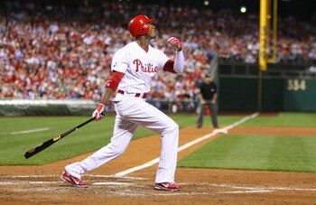 PHILADELPHIA - SEPTEMBER 25: Right fielder Domonic Brown #9 of the Philadelphia Phillies bats during a game against the New York Mets at Citizens Bank Park on September 25, 2010 in Philadelphia, Pennsylvania. The Mets won 5-2. (Photo by Hunter Martin/Gett