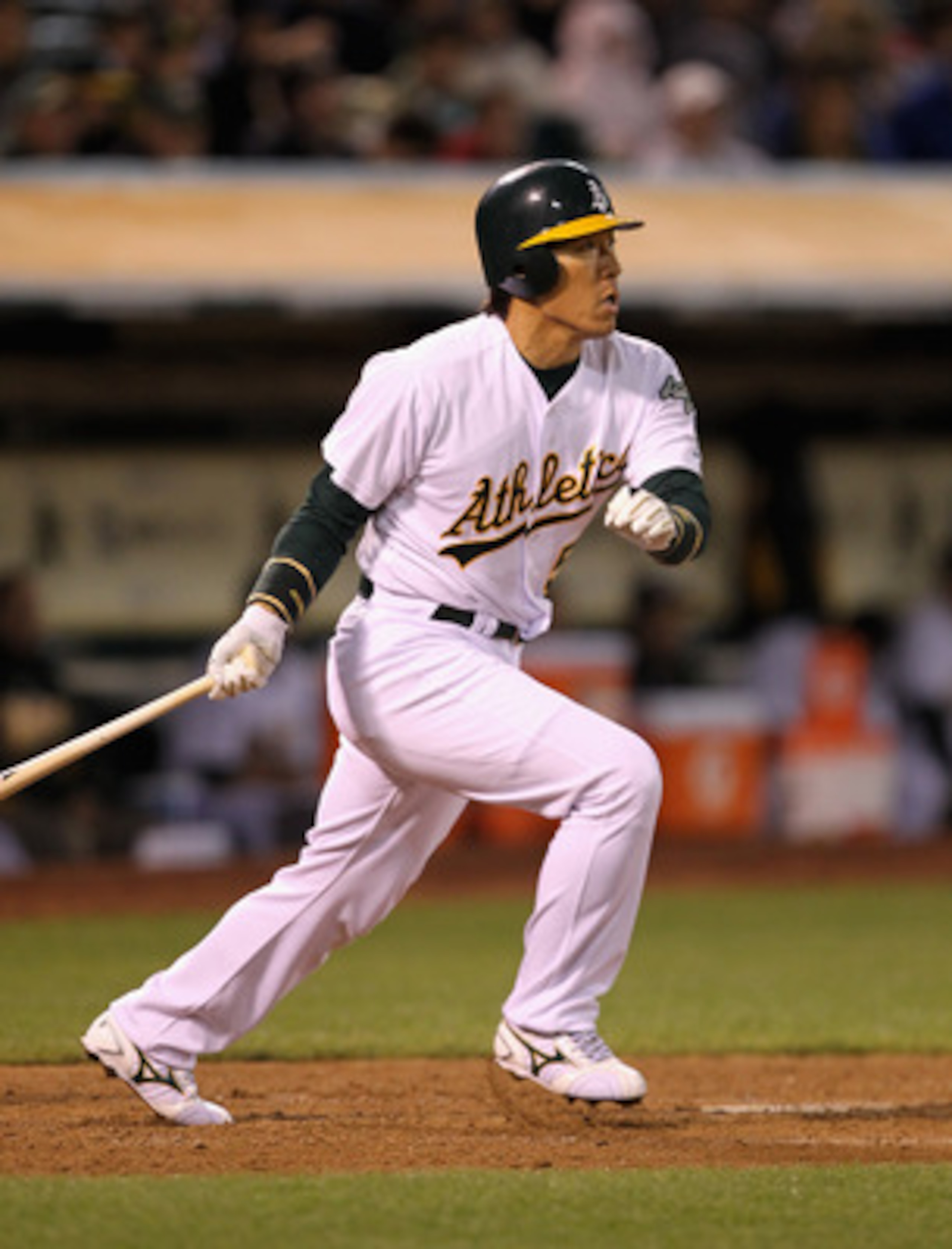 OAKLAND, CA - MAY 18:  Hideki Matsui #55 of the Oakland Athletics hits a single to score Daric Barton #10 of the Oakland Athletics to tie the score 3-3 in the sixth inning against the Minnesota Twins at Oakland-Alameda County Coliseum on May 18, 2011 in O